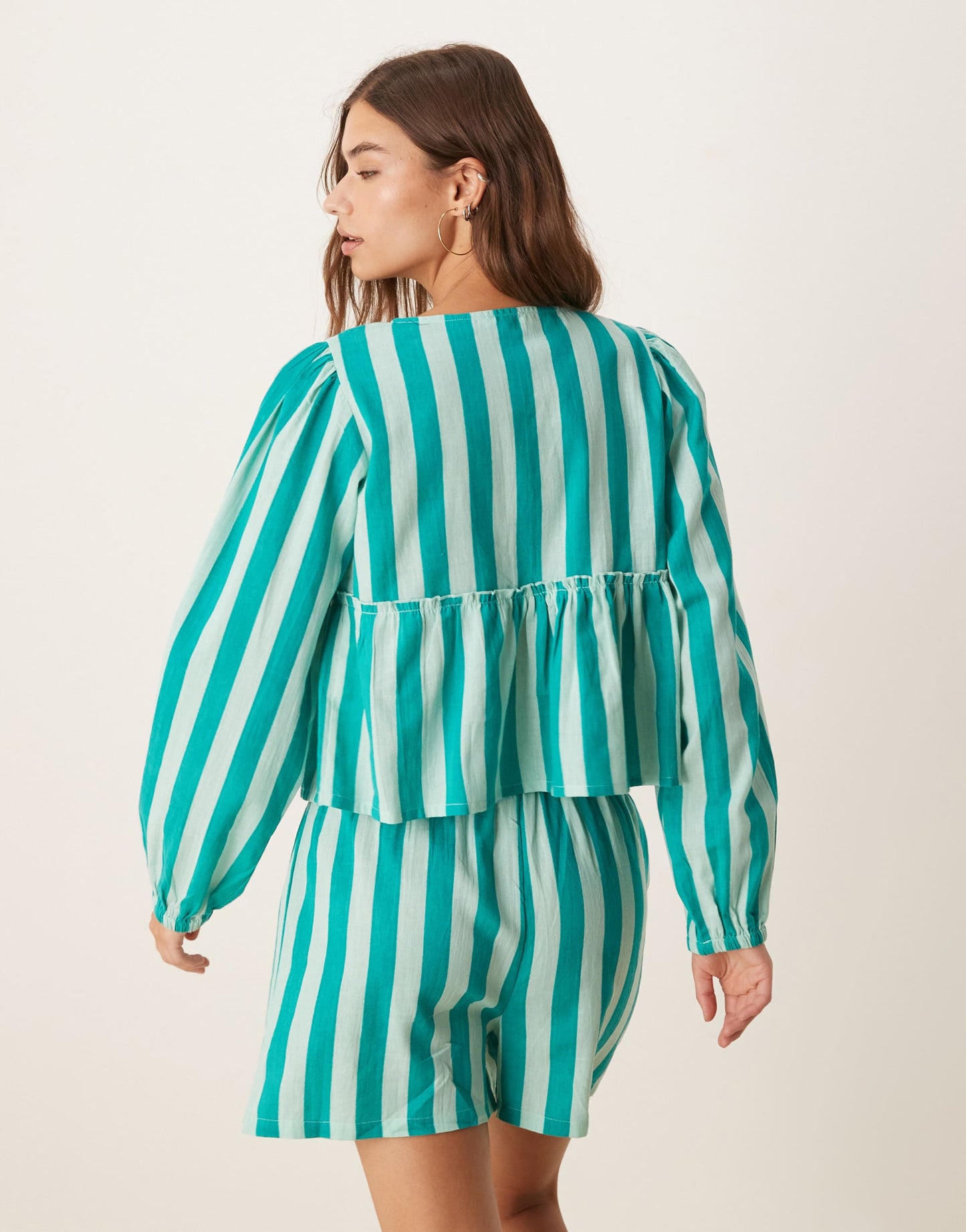 Esmee Exclusive tie front long sleeve beach top co-ord in green stripe