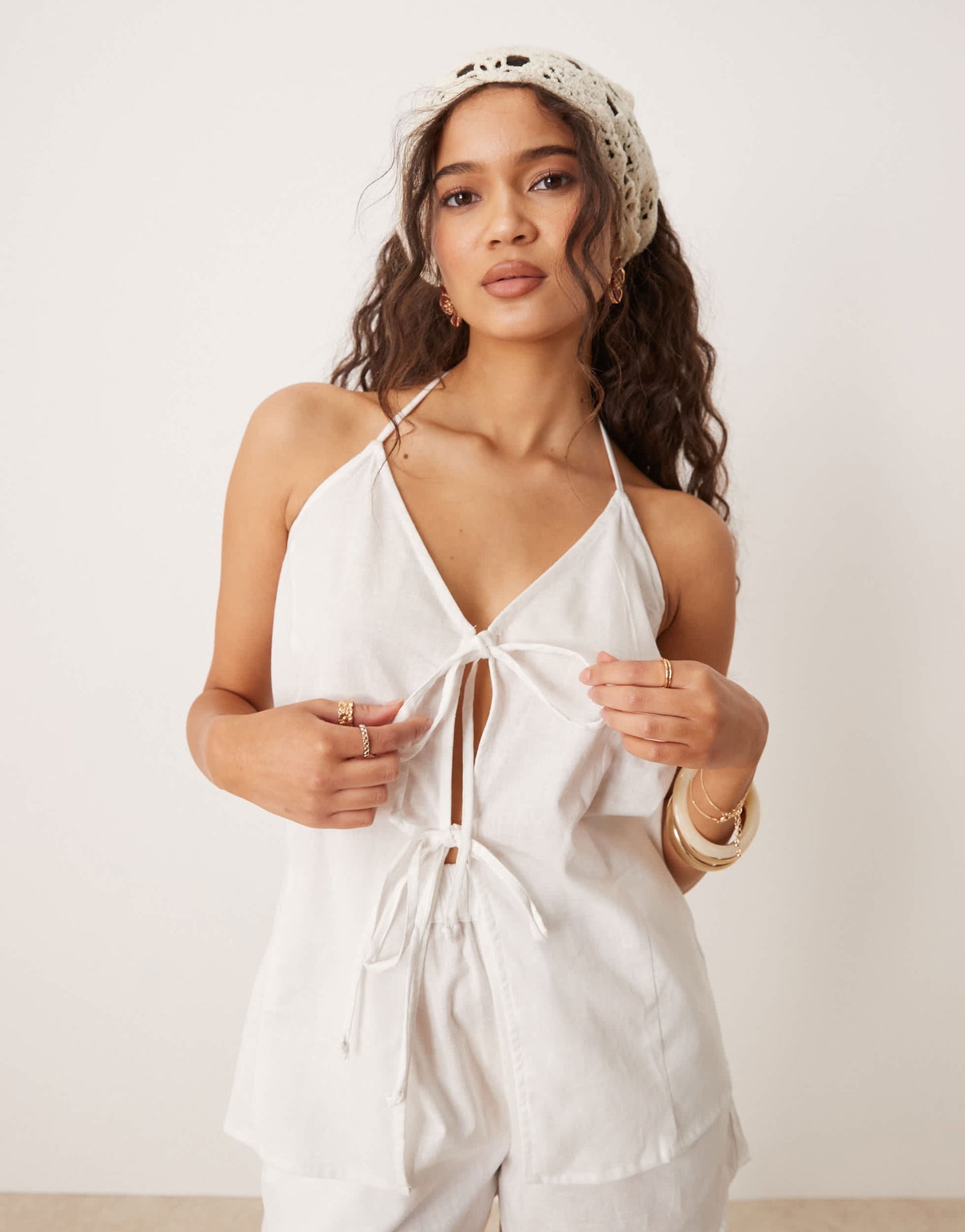 Esmee Exclusive tie front halter beach top co-ord in white