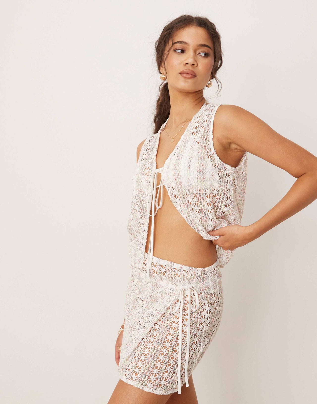 Esmee Exclusive tie side mini beach skirt in pink & green broderie