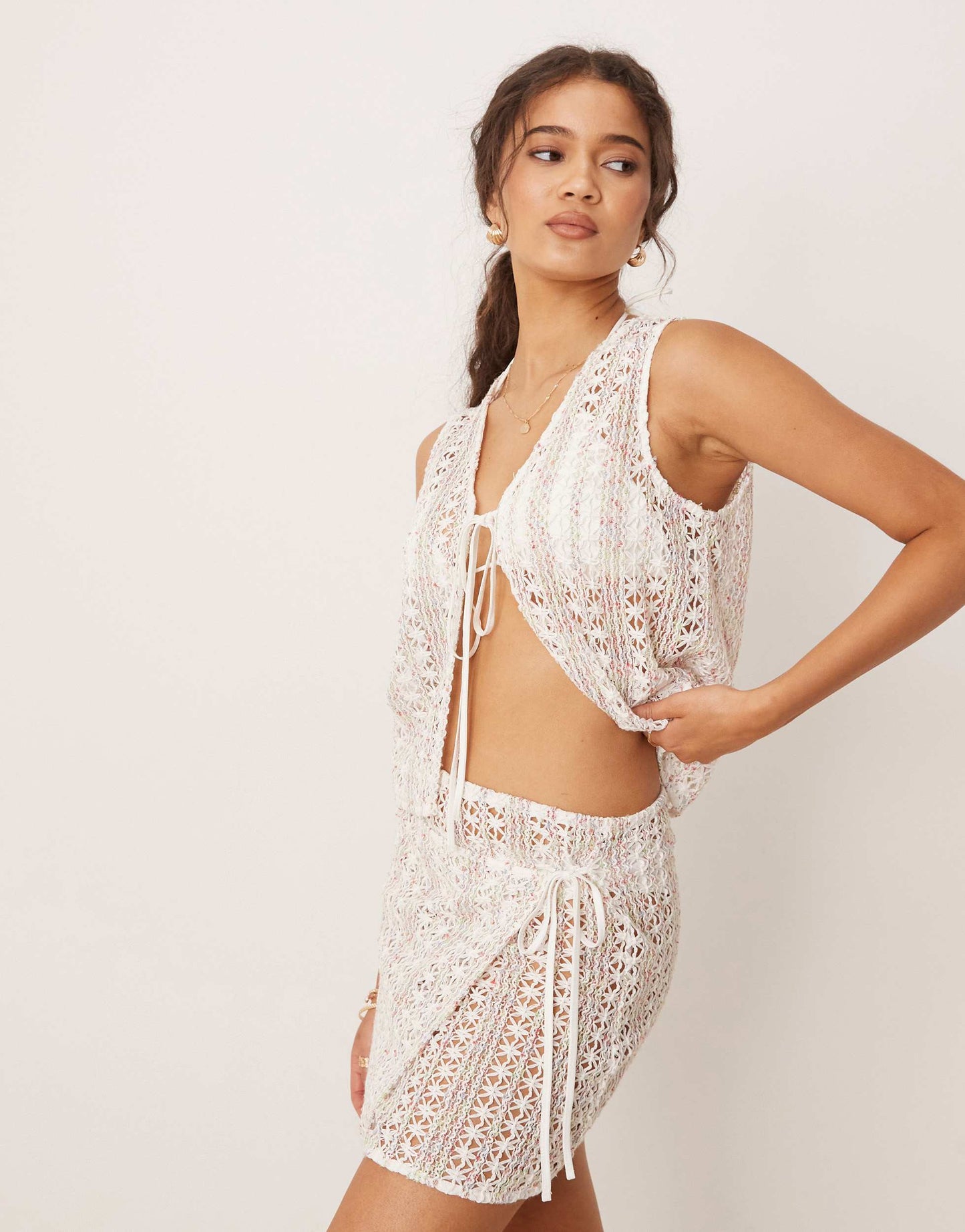 Esmee Exclusive tie side mini beach skirt in pink & green broderie