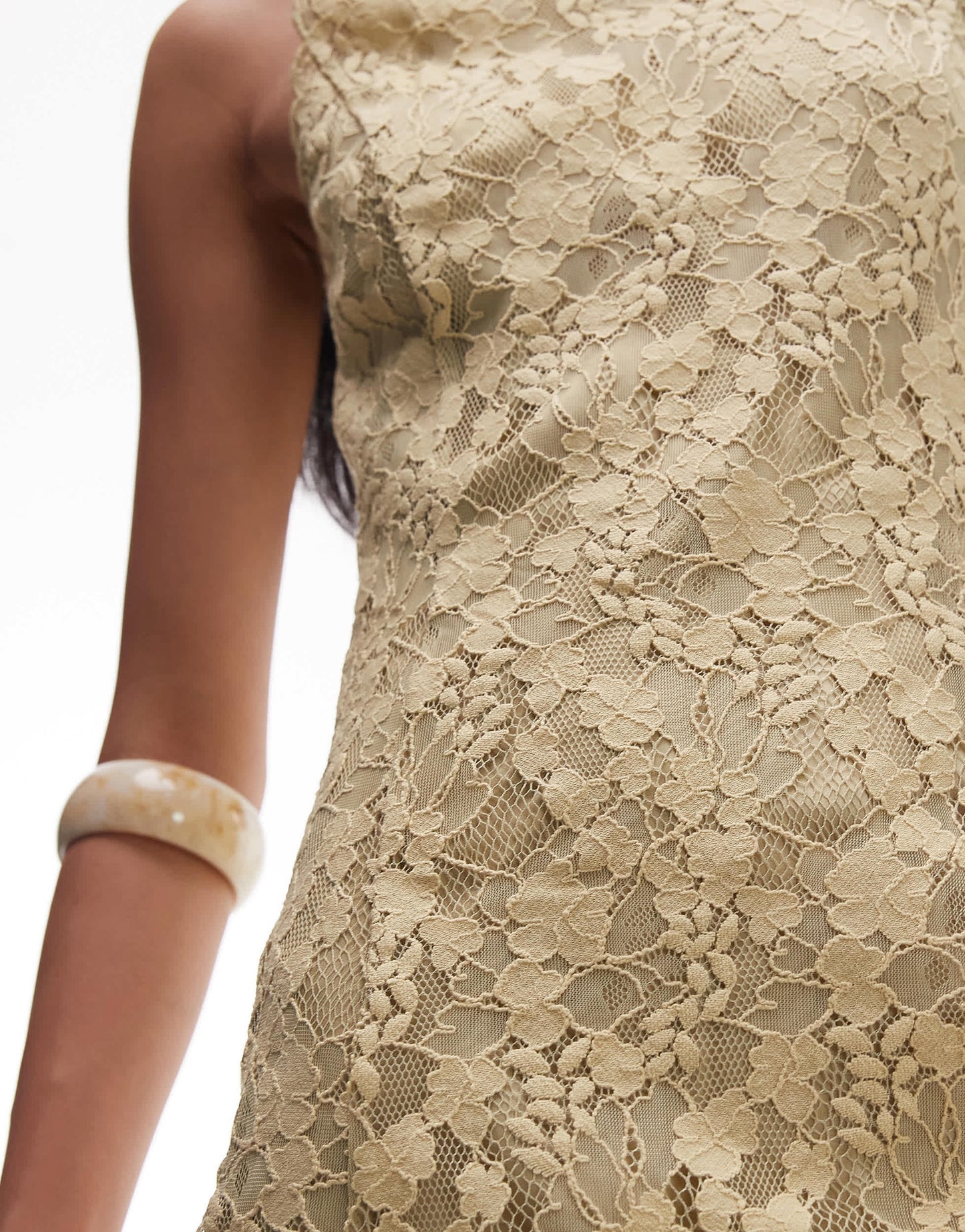 & Other Stories sheer lace maxi dress in antique pale olive with mini under slip