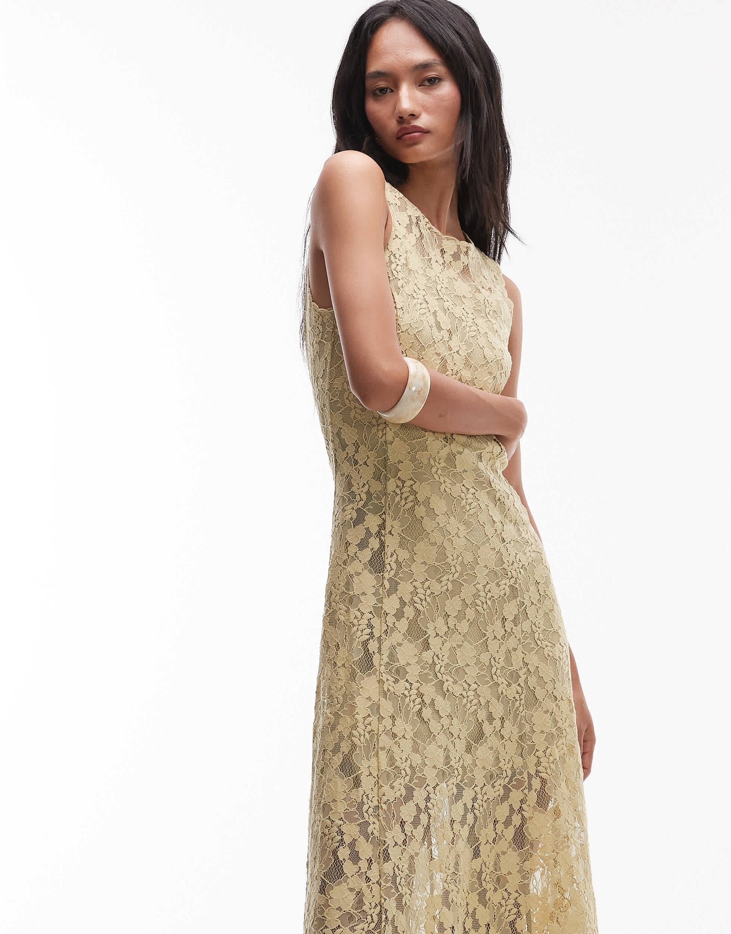 & Other Stories sheer lace maxi dress in antique pale olive with mini under slip