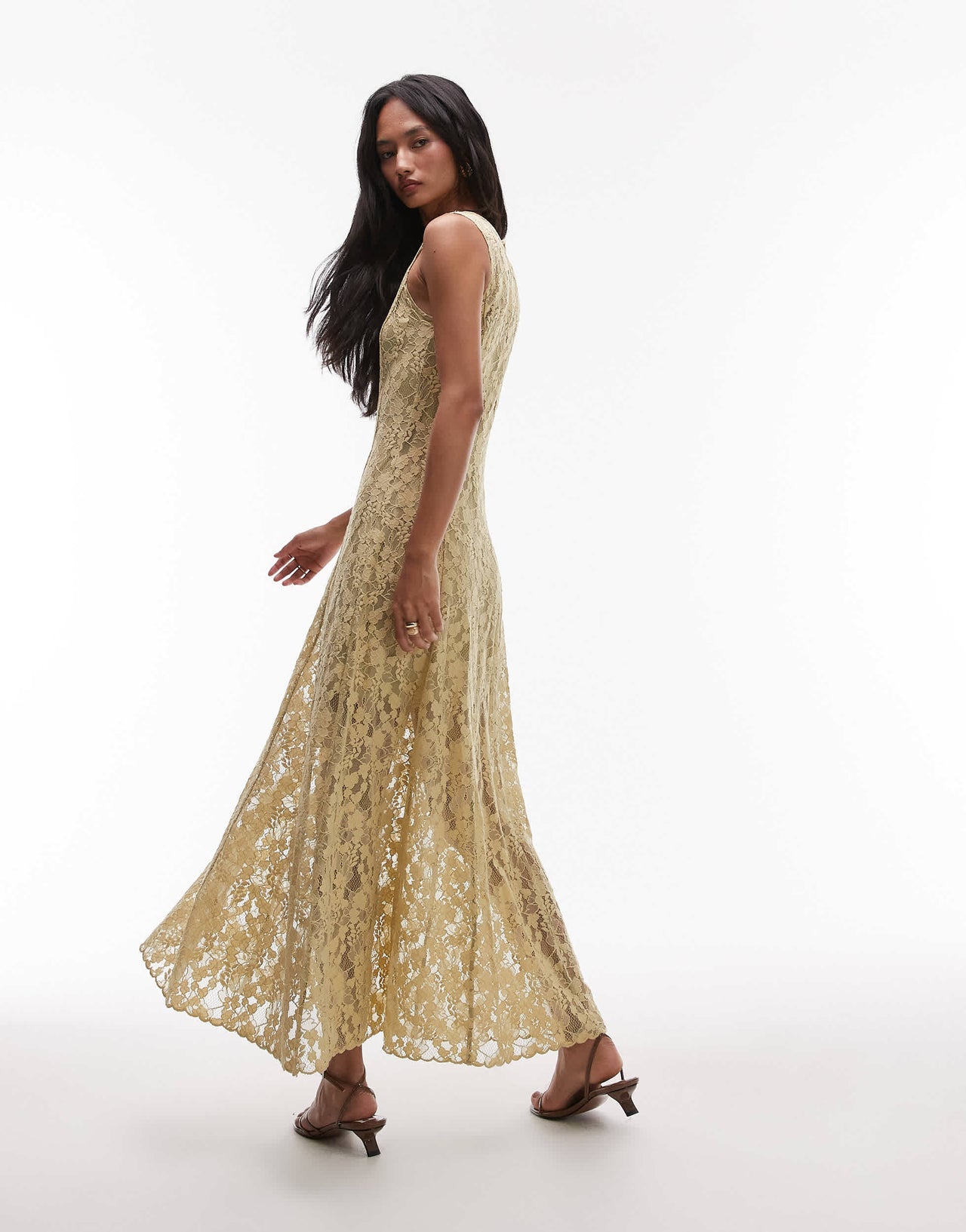& Other Stories sheer lace maxi dress in antique pale olive with mini under slip