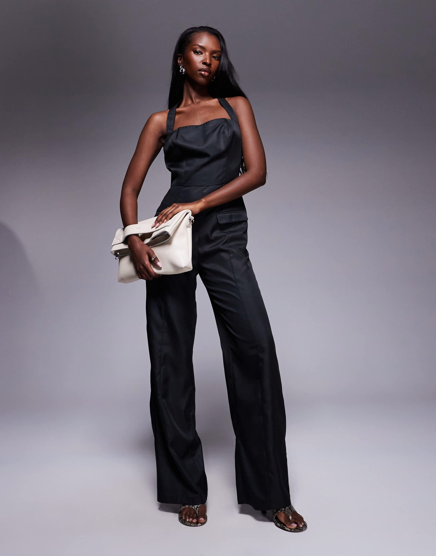 Kaiia exclusive square halterneck wide leg pocket detail jumpsuit in black