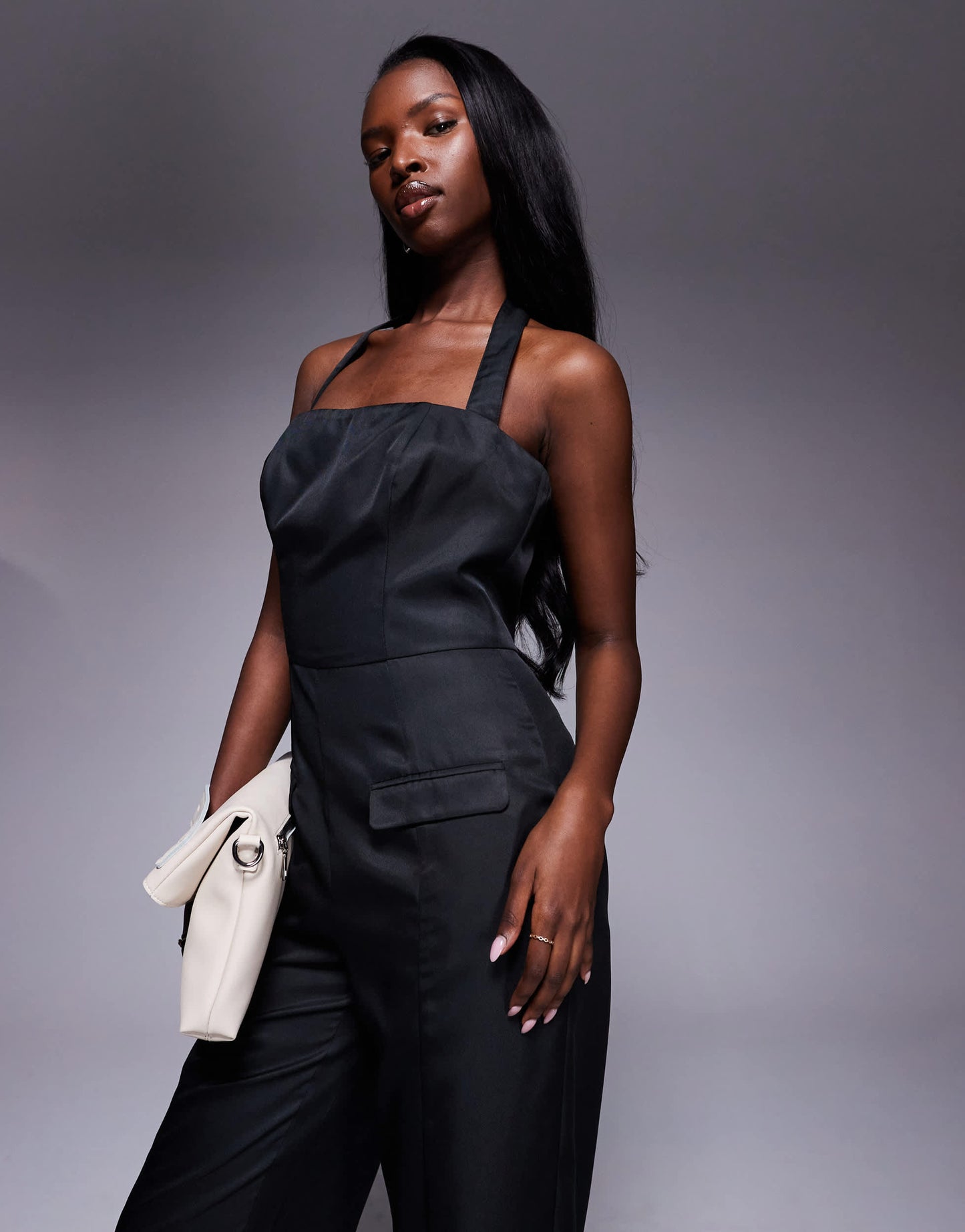 Kaiia exclusive square halterneck wide leg pocket detail jumpsuit in black