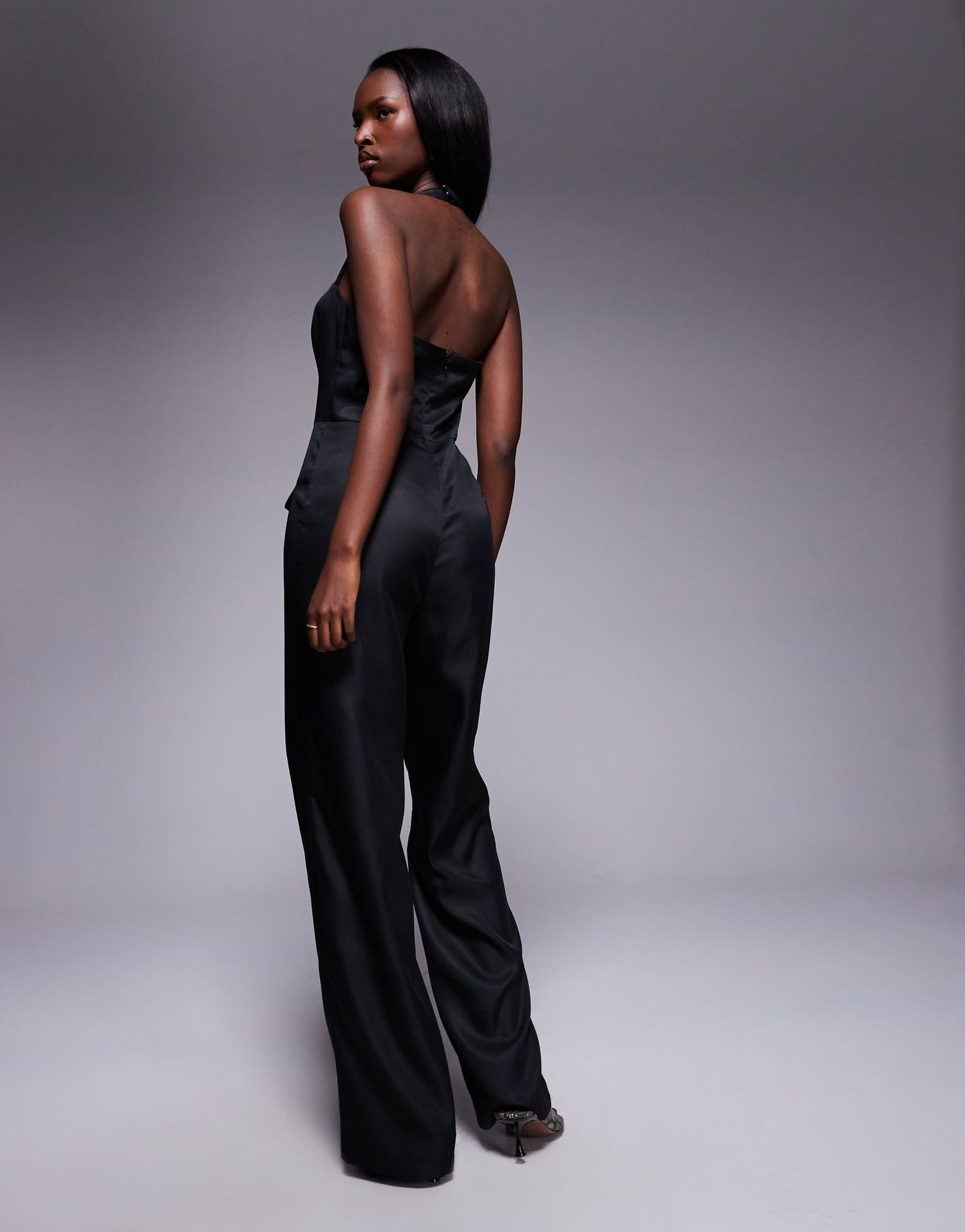 Kaiia exclusive square halterneck wide leg pocket detail jumpsuit in black