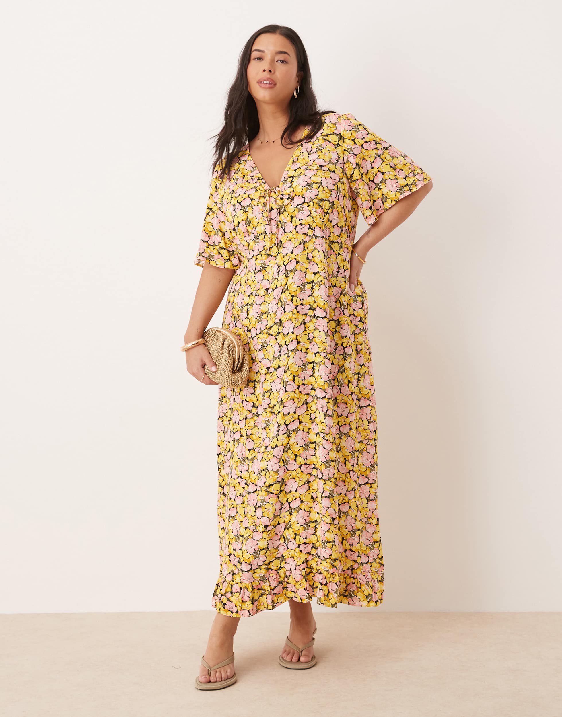 Nobody's Child Plus Dalia midi dress in yellow and pink floral