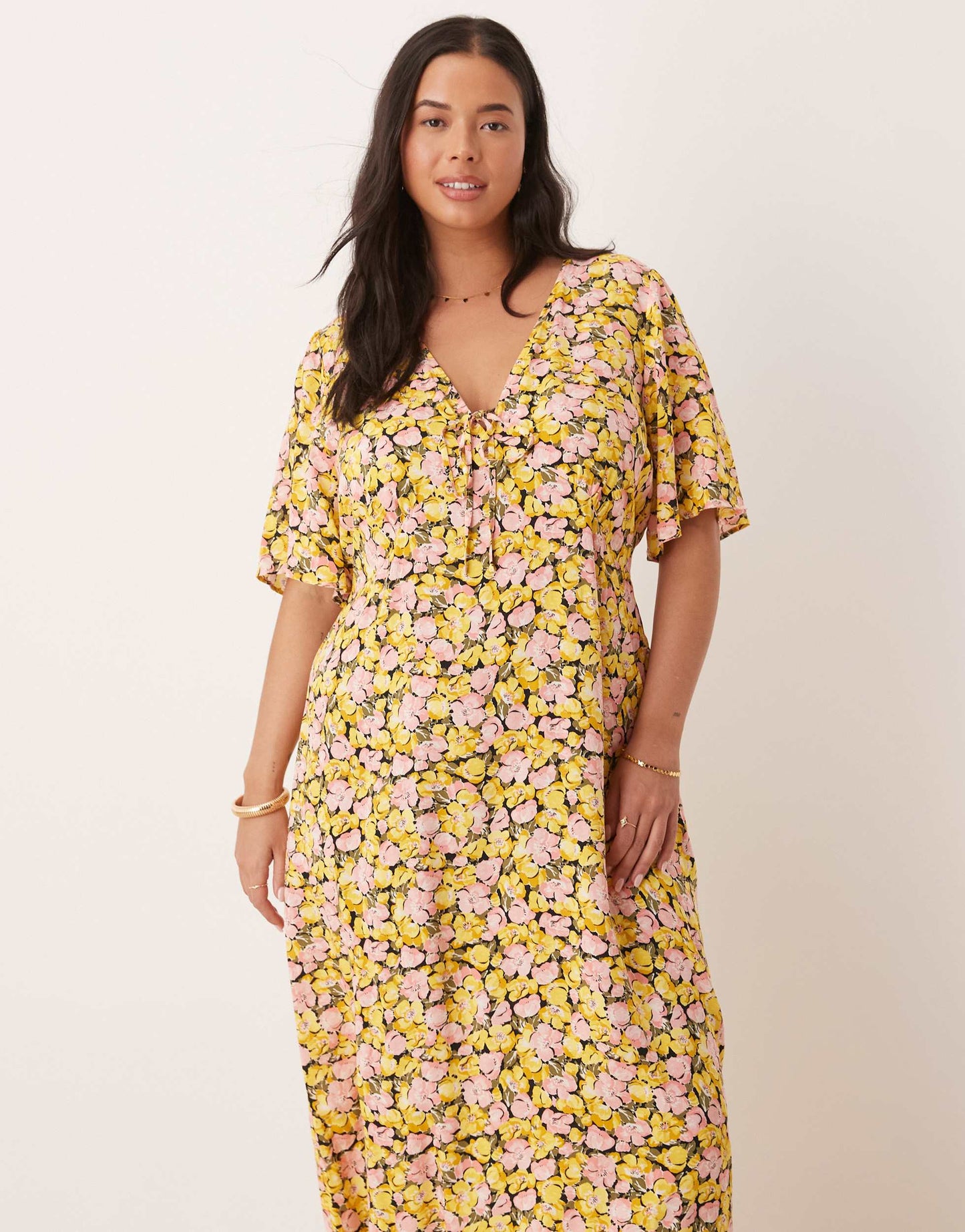 Nobody's Child Plus Dalia midi dress in yellow and pink floral
