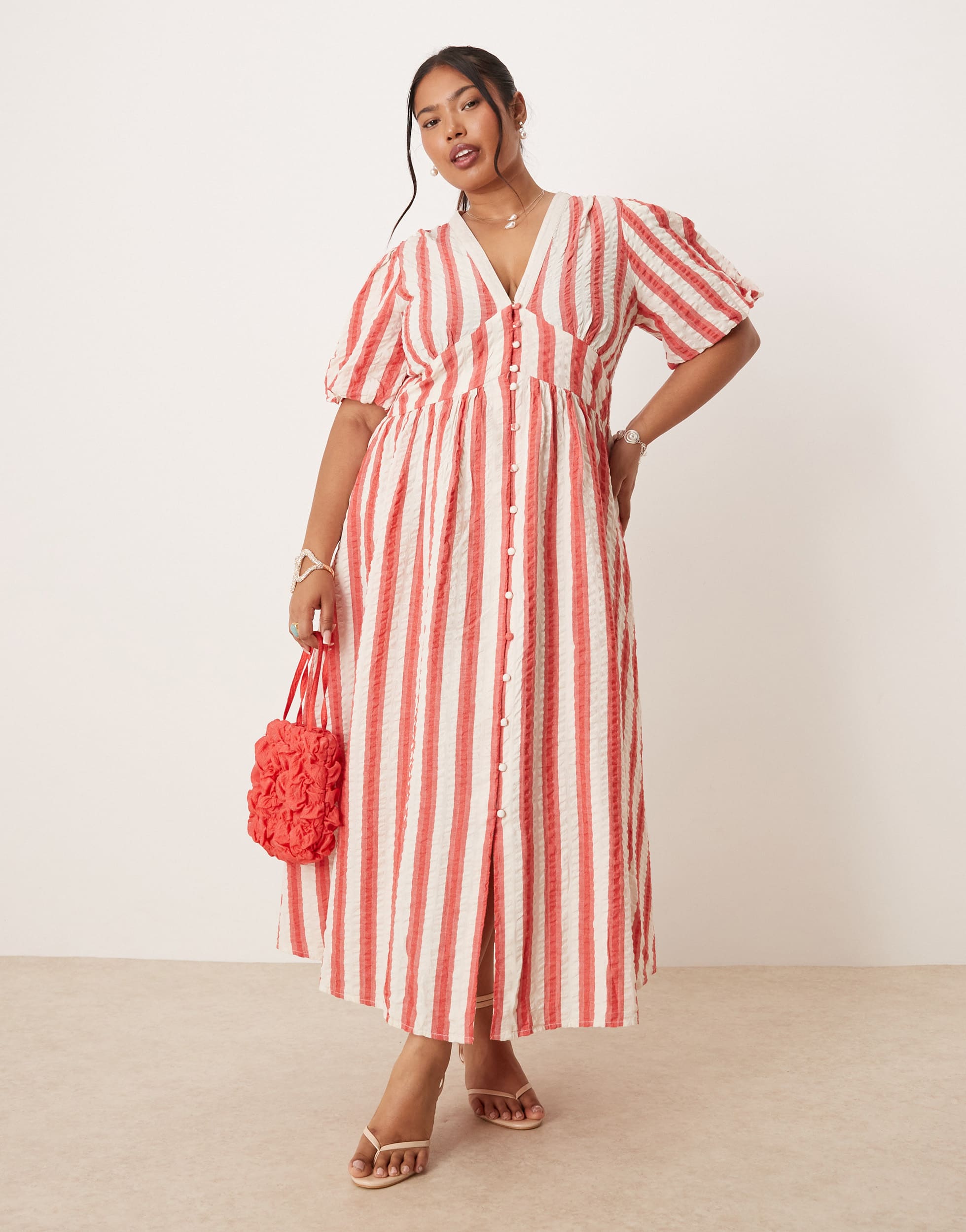 Nobody's Child Plus Starlight puff sleeve midi dress in red and white stripe