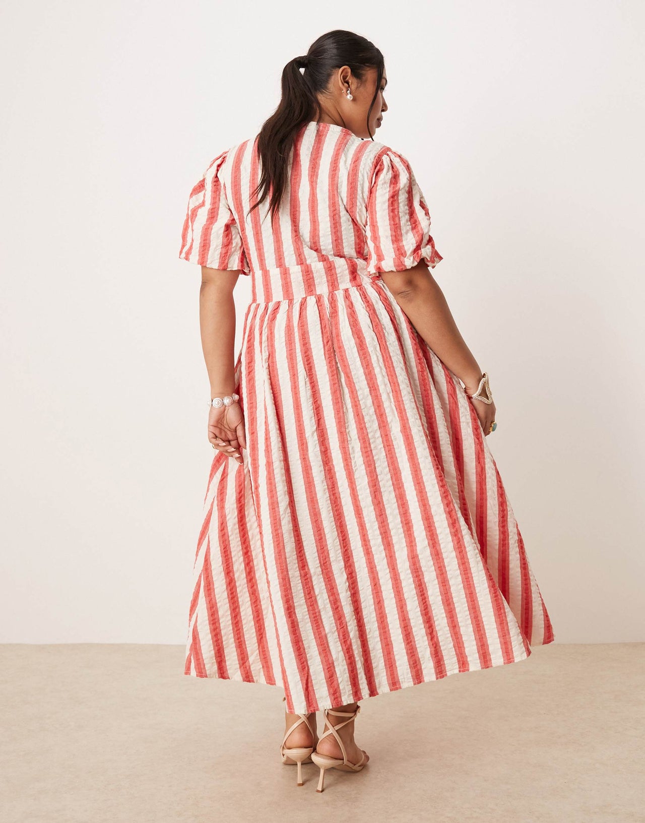 Nobody's Child Plus Starlight puff sleeve midi dress in red and white stripe