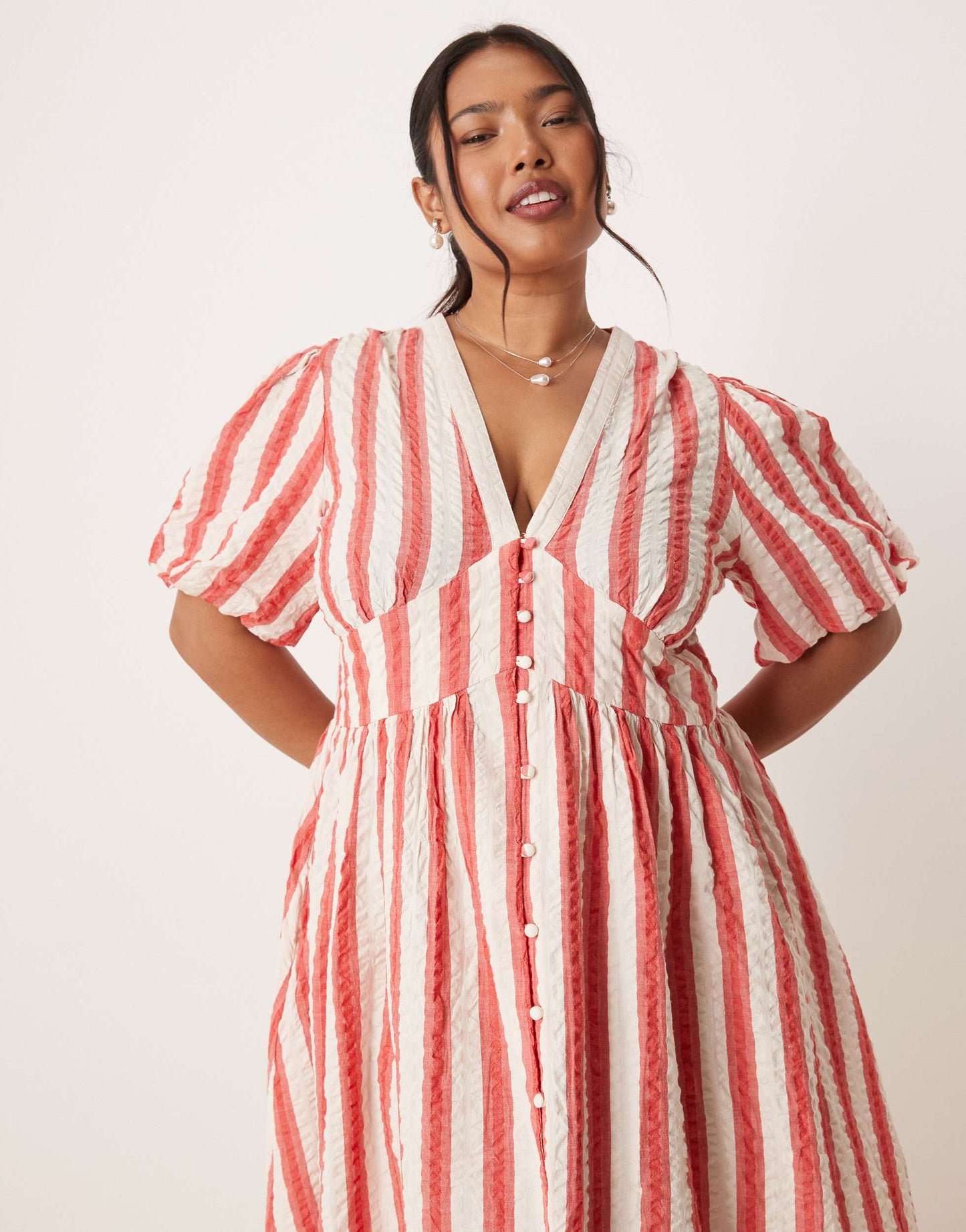 Nobody's Child Plus Starlight puff sleeve midi dress in red and white stripe