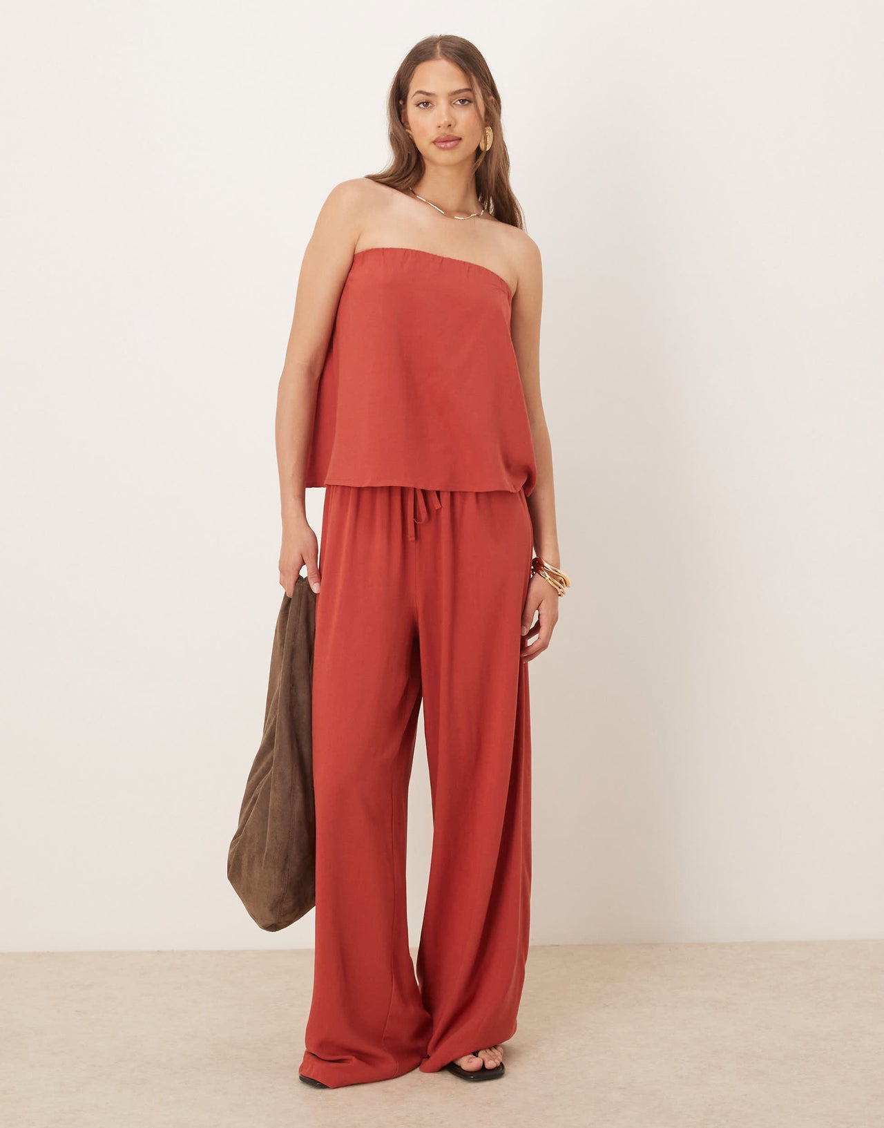ASOS DESIGN linen blend pull on trouser in rust