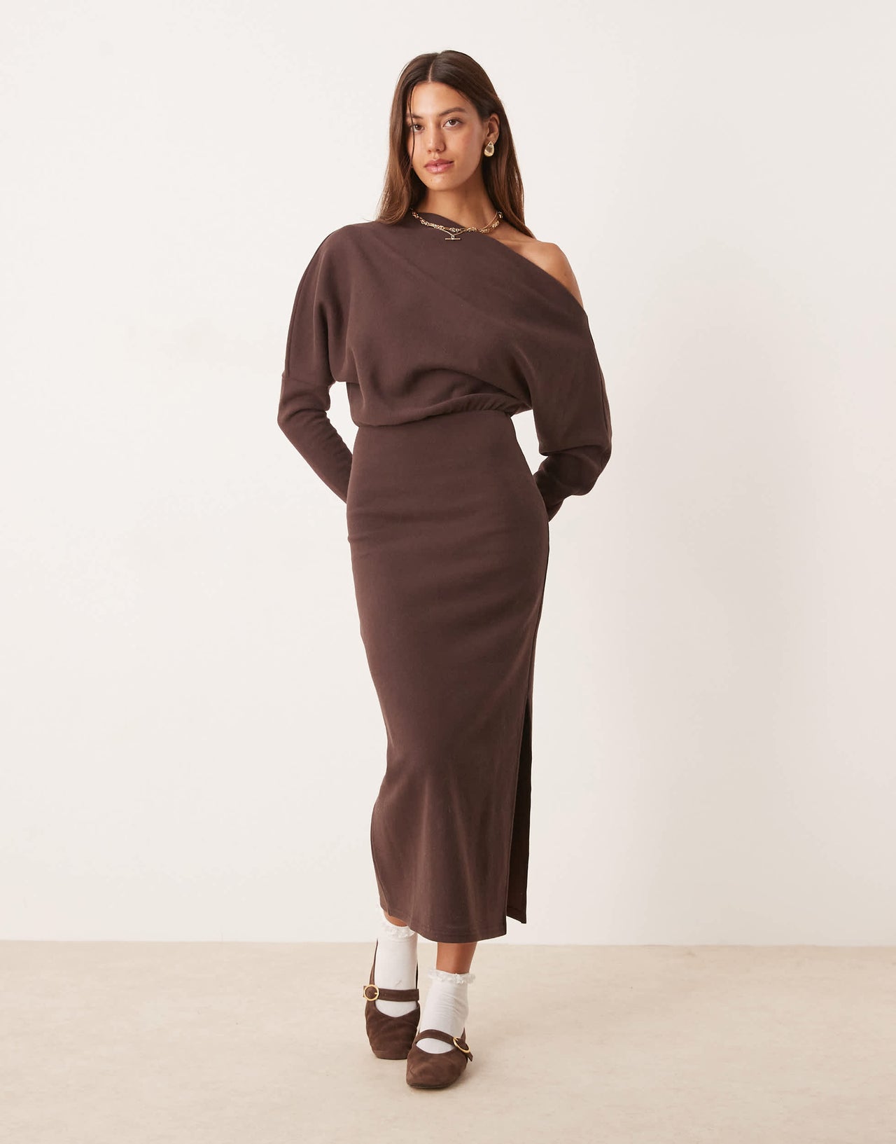 ASOS DESIGN supersoft long sleeve fallen shoulder midi dress in chocolate