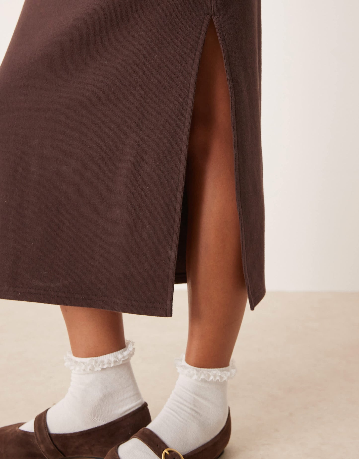 ASOS DESIGN supersoft long sleeve fallen shoulder midi dress in chocolate