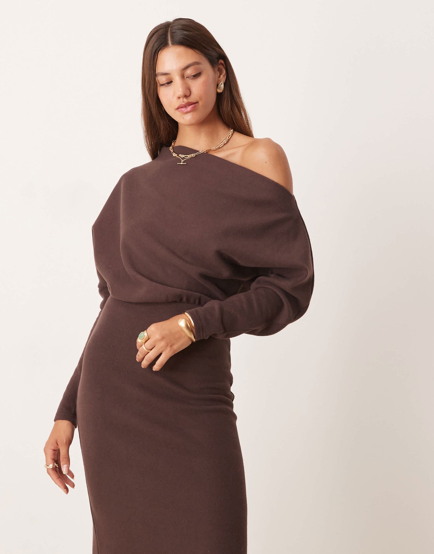 ASOS DESIGN supersoft long sleeve fallen shoulder midi dress in chocolate