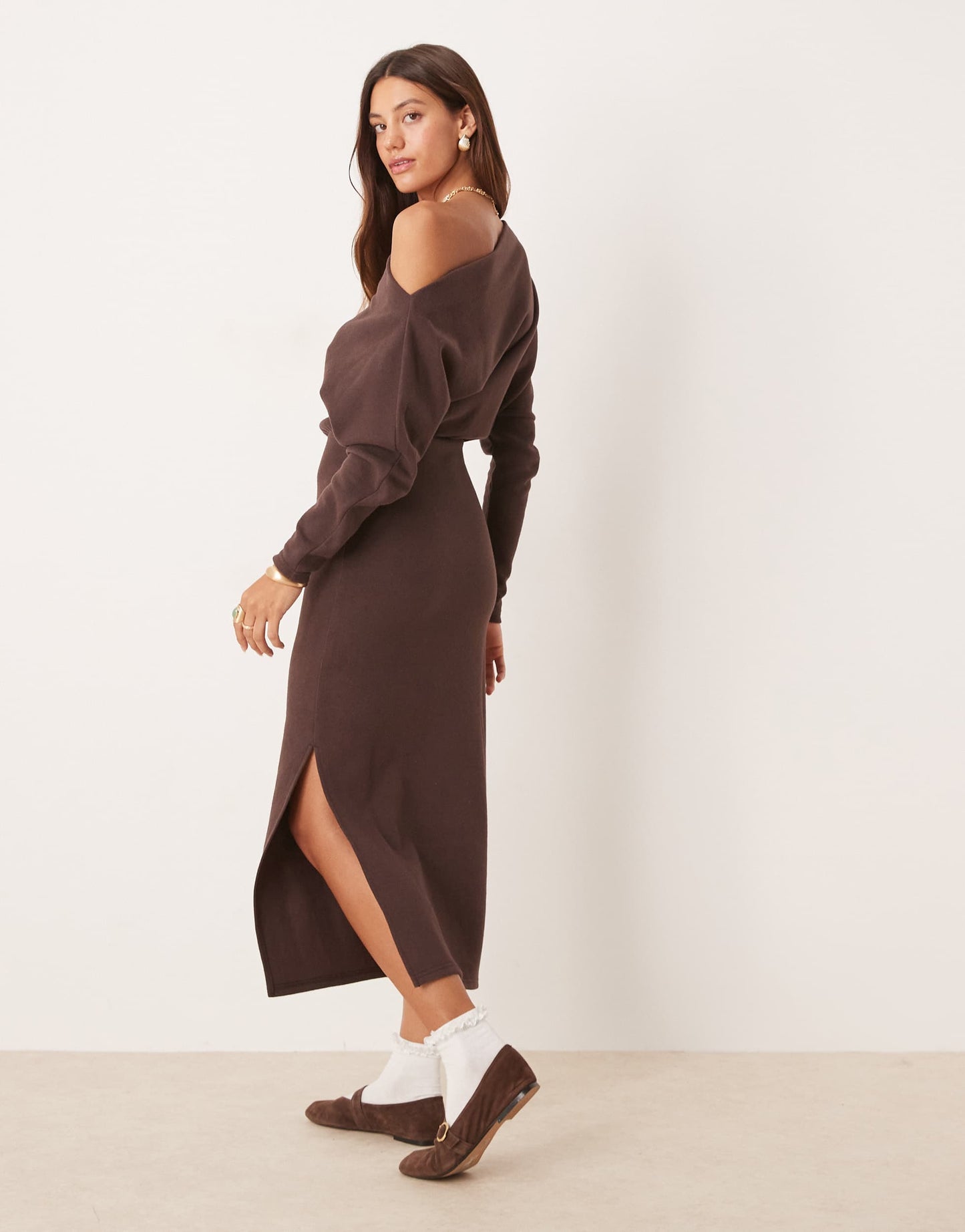 ASOS DESIGN supersoft long sleeve fallen shoulder midi dress in chocolate