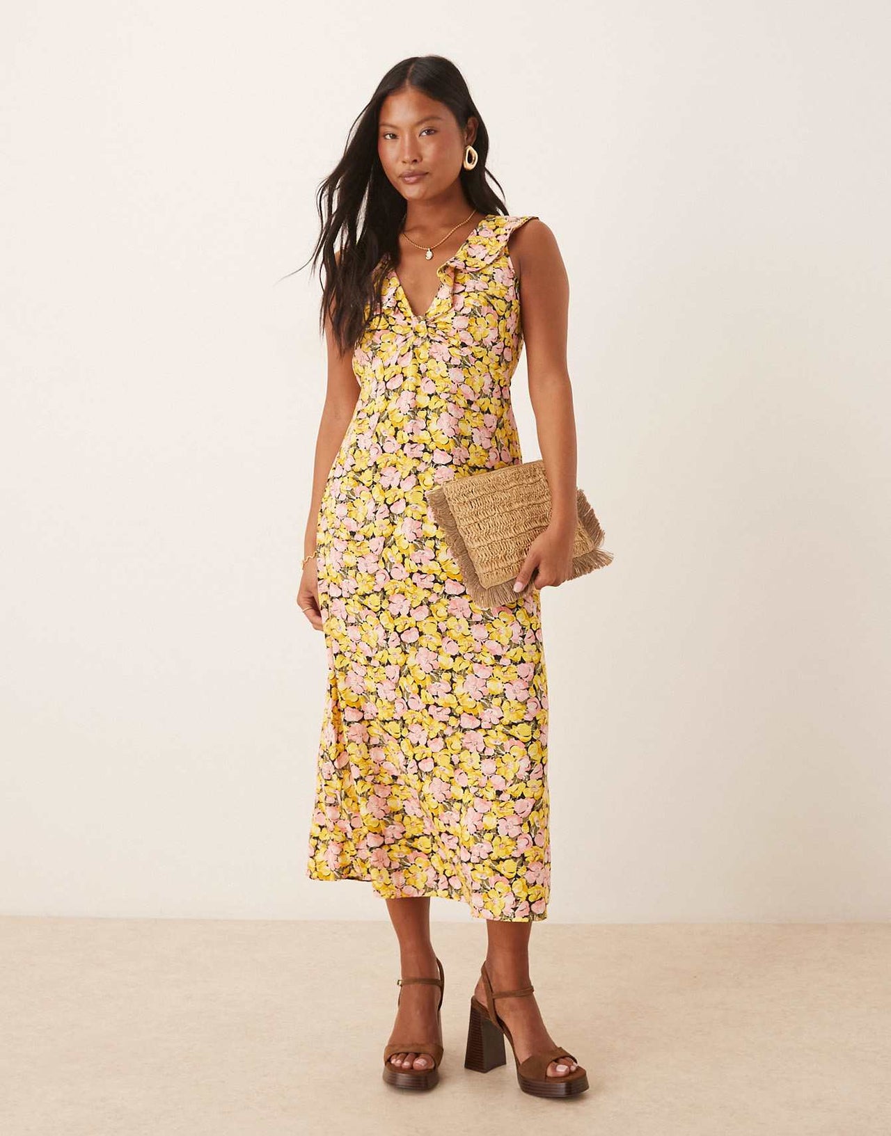 Nobody's Child Petite Beck ruffle shoulder midi dress in yellow and pink floral
