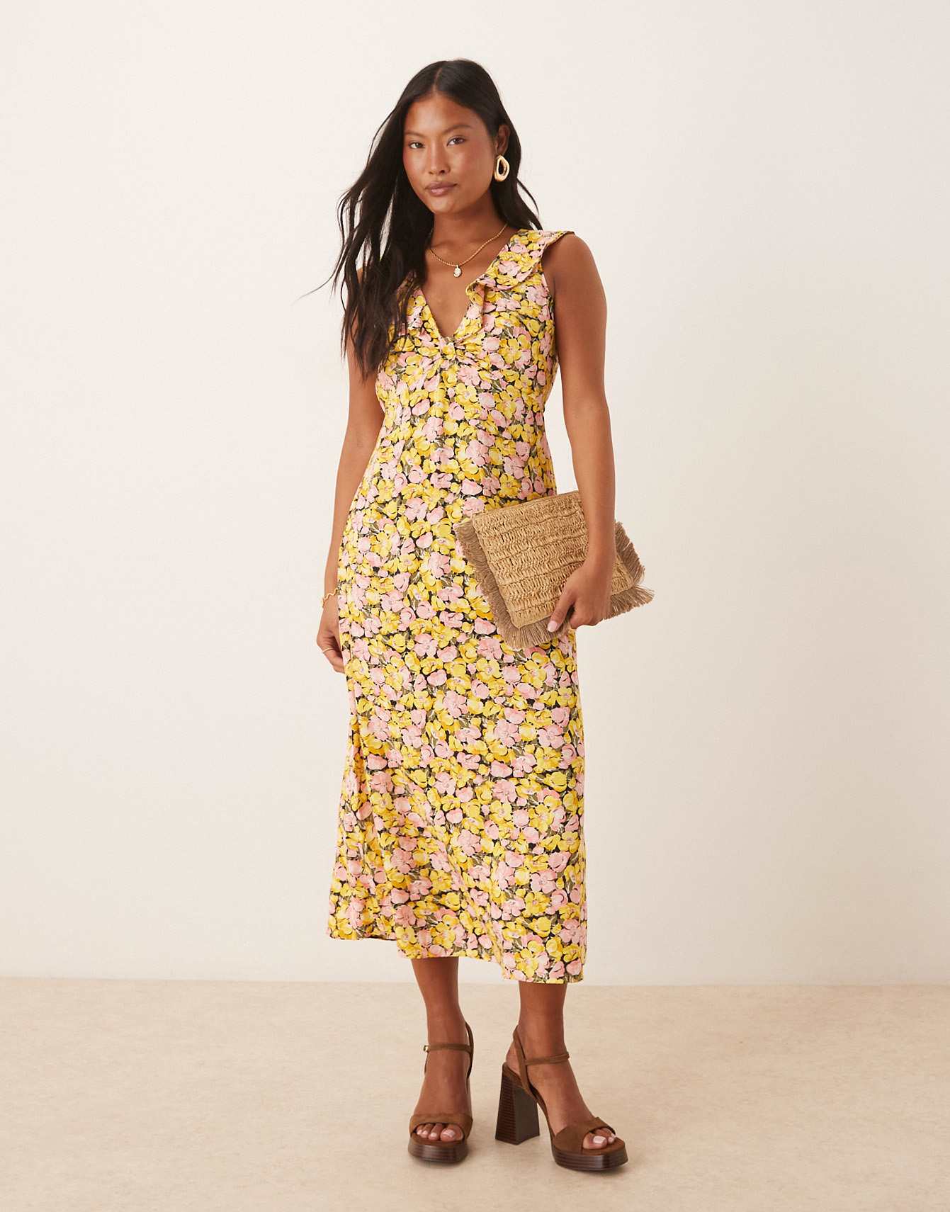 Nobody's Child Petite Beck ruffle shoulder midi dress in yellow and pink floral