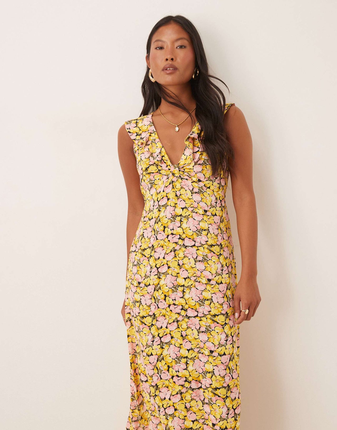 Nobody's Child Petite Beck ruffle shoulder midi dress in yellow and pink floral
