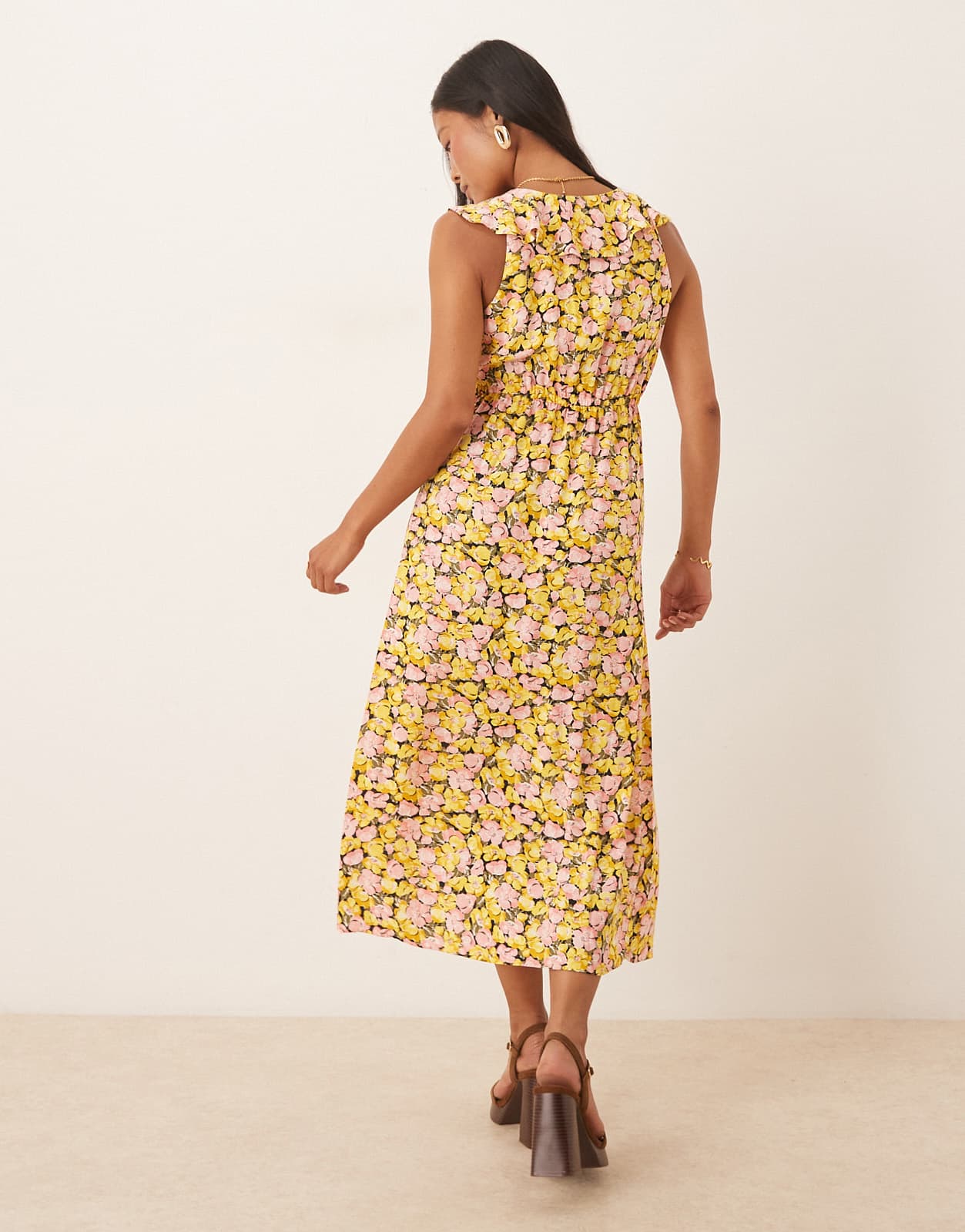 Nobody's Child Petite Beck ruffle shoulder midi dress in yellow and pink floral