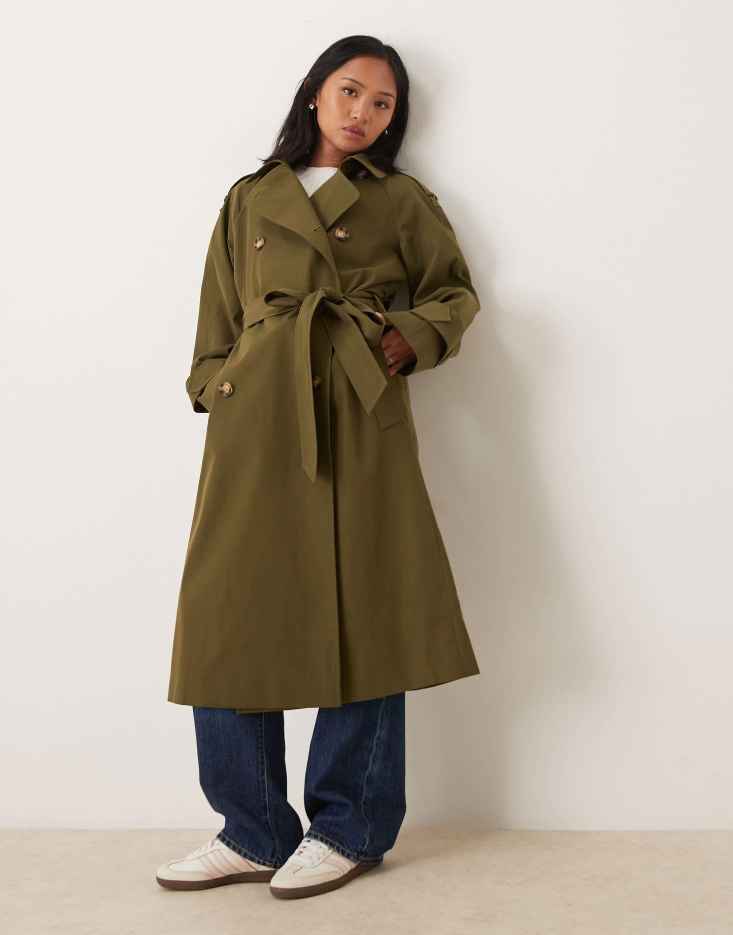 ASOS DESIGN Petite longline trench coat in olive