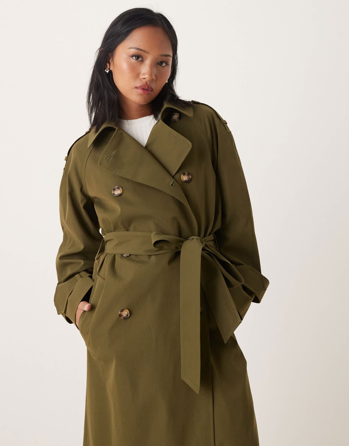 ASOS DESIGN Petite longline trench coat in olive