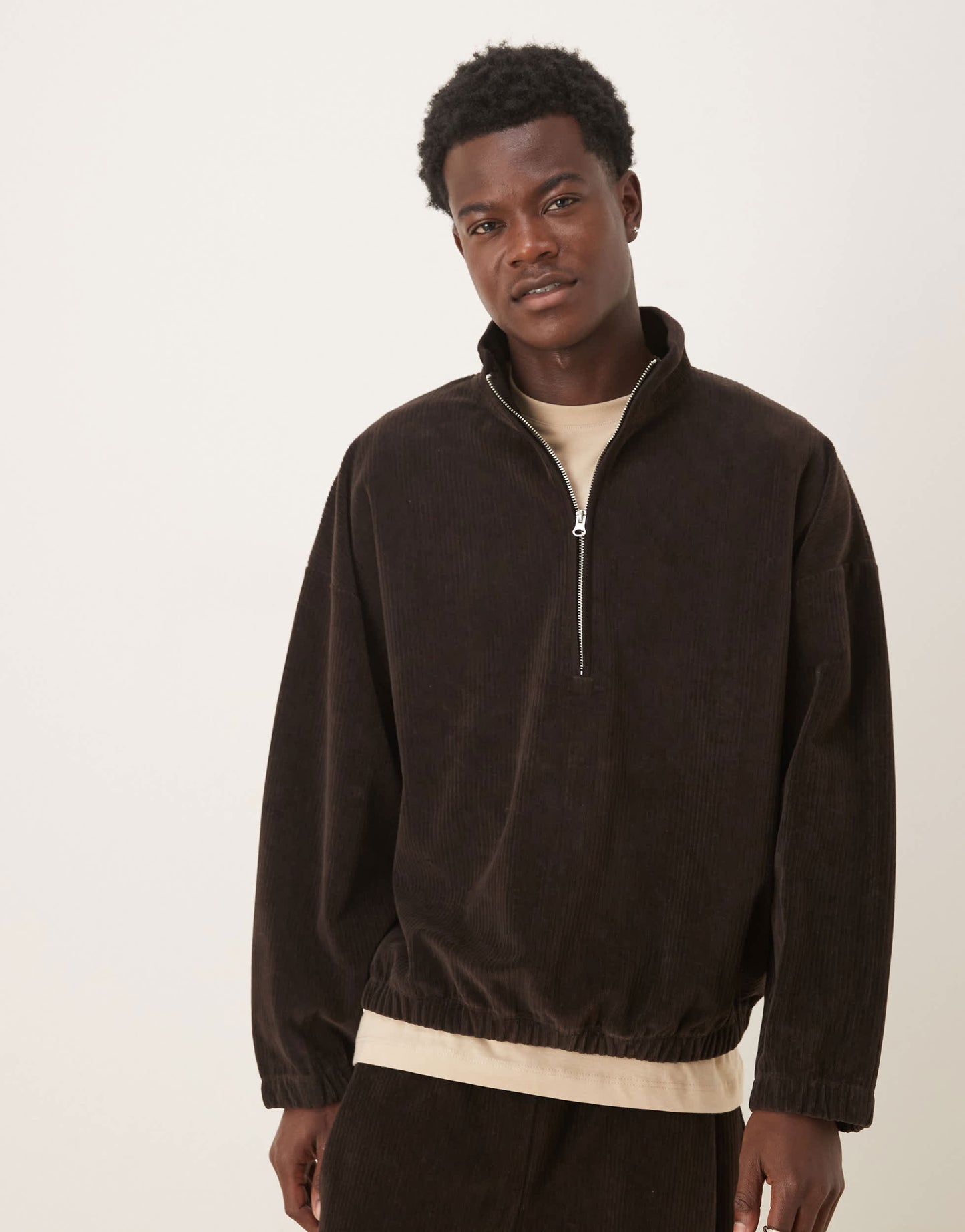 ASOS DESIGN co-ord boxy relaxed half zip ribbed velour track jacket in brown