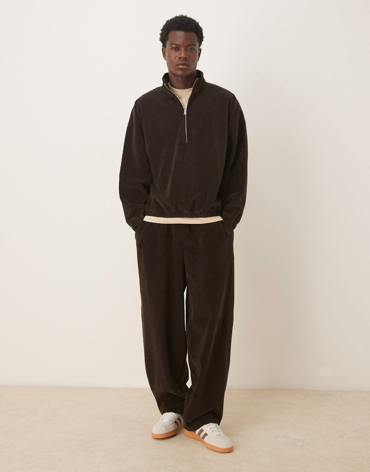 ASOS DESIGN co-ord boxy relaxed half zip ribbed velour track jacket in brown