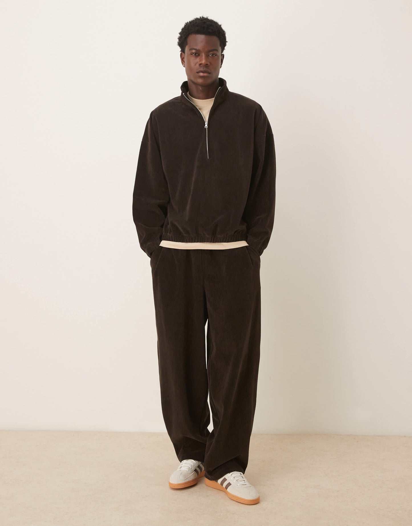 ASOS DESIGN co-ord boxy relaxed half zip ribbed velour track jacket in brown