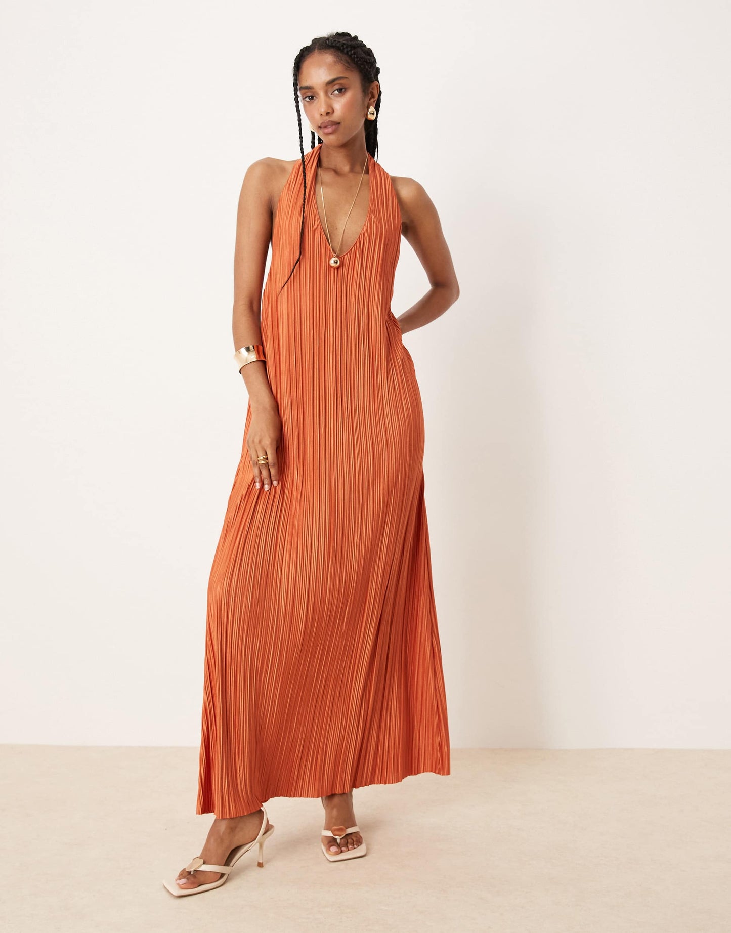 ASOS DESIGN plisse halter maxi dress in rust