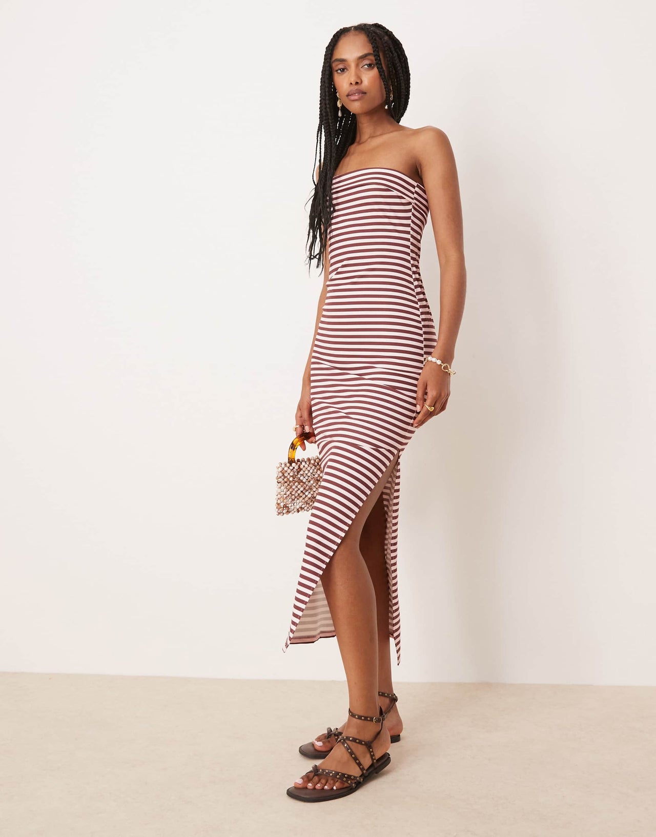 ASOS DESIGN bandeau fold over midi dress in brown and pink stripe
