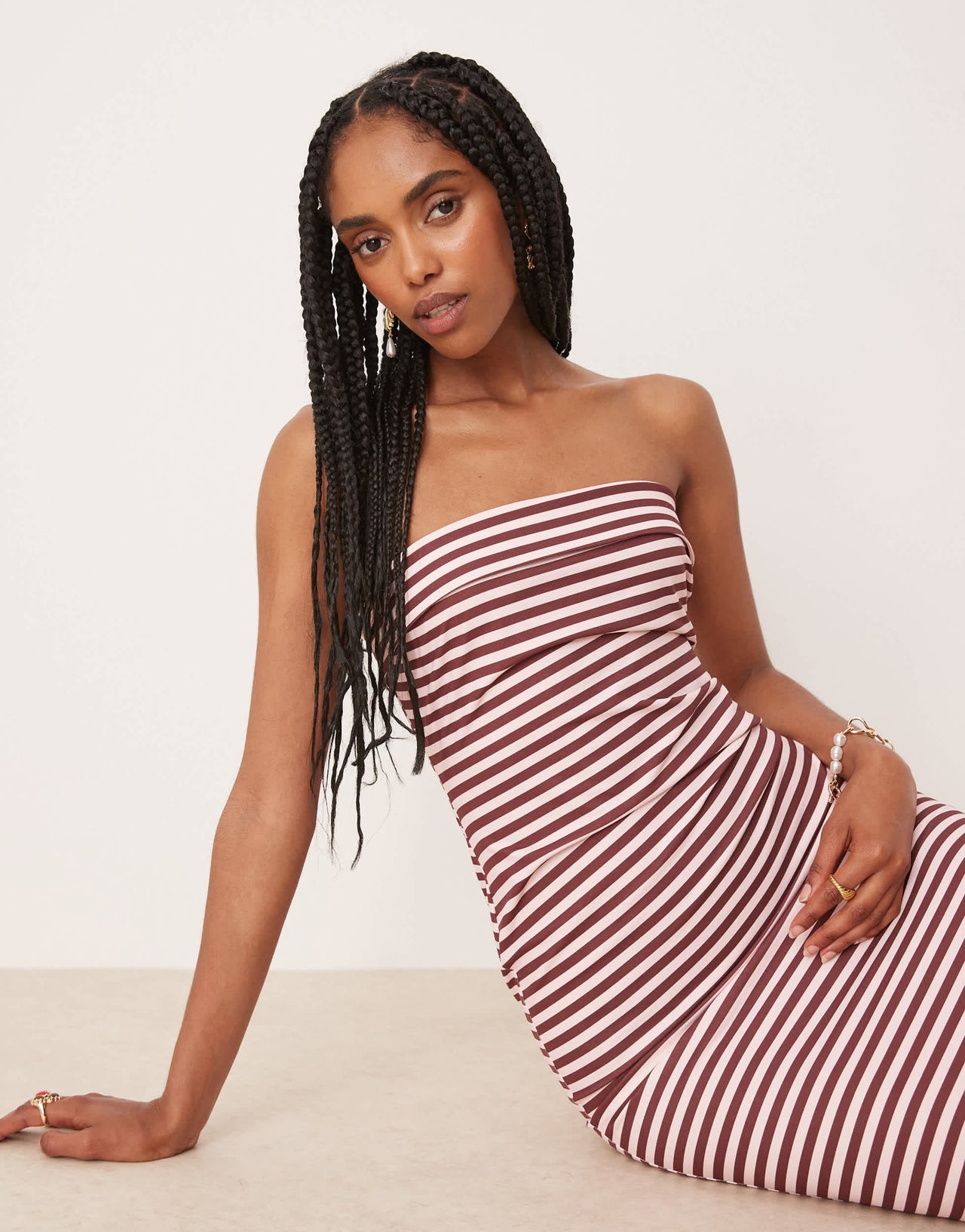 ASOS DESIGN bandeau fold over midi dress in brown and pink stripe