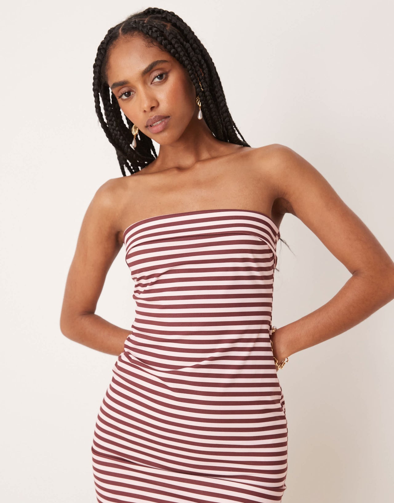 ASOS DESIGN bandeau fold over midi dress in brown and pink stripe
