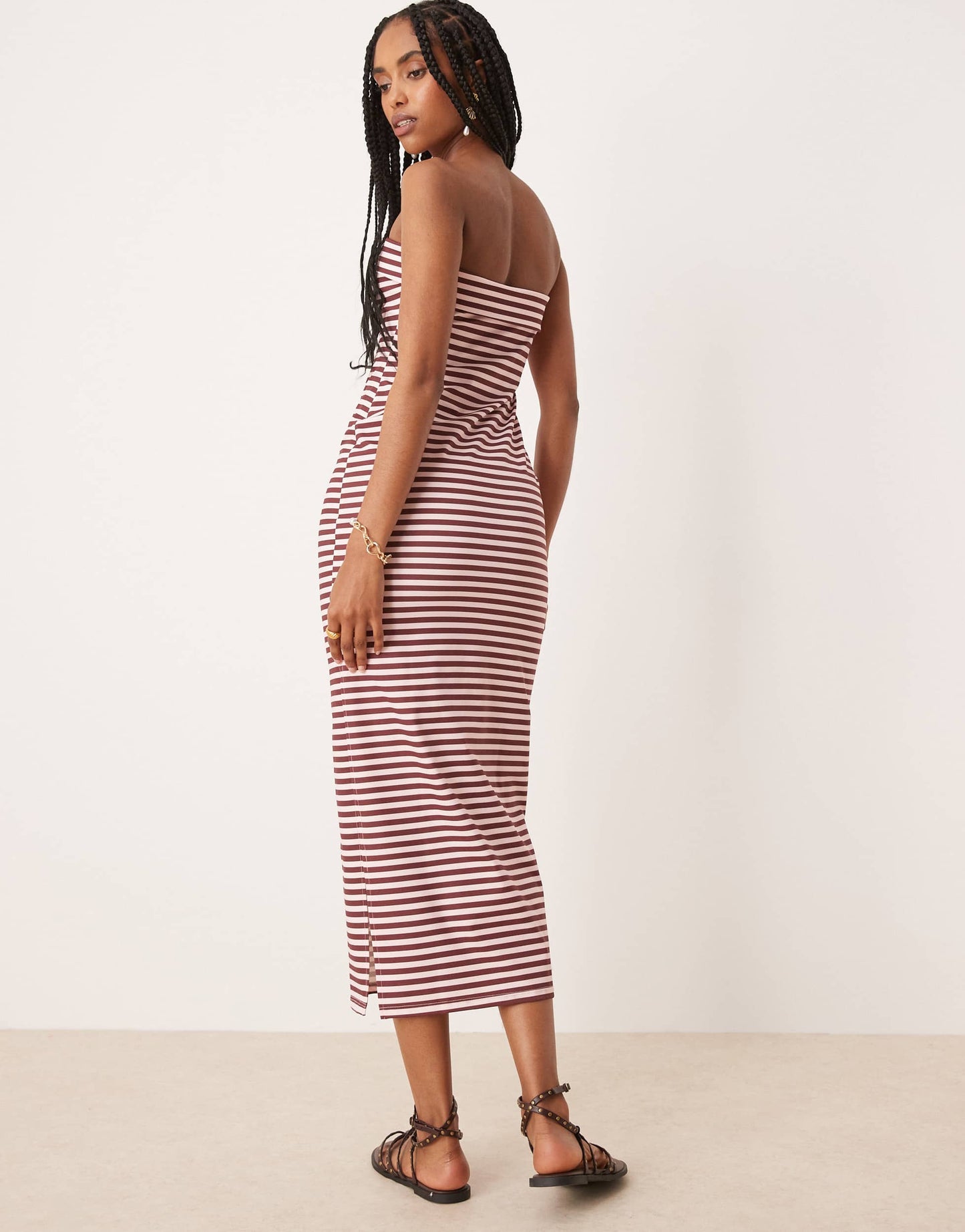 ASOS DESIGN bandeau fold over midi dress in brown and pink stripe