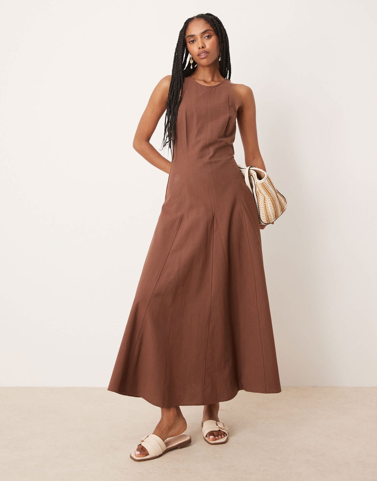 ASOS DESIGN slash neck seamed midi dress in chocolate