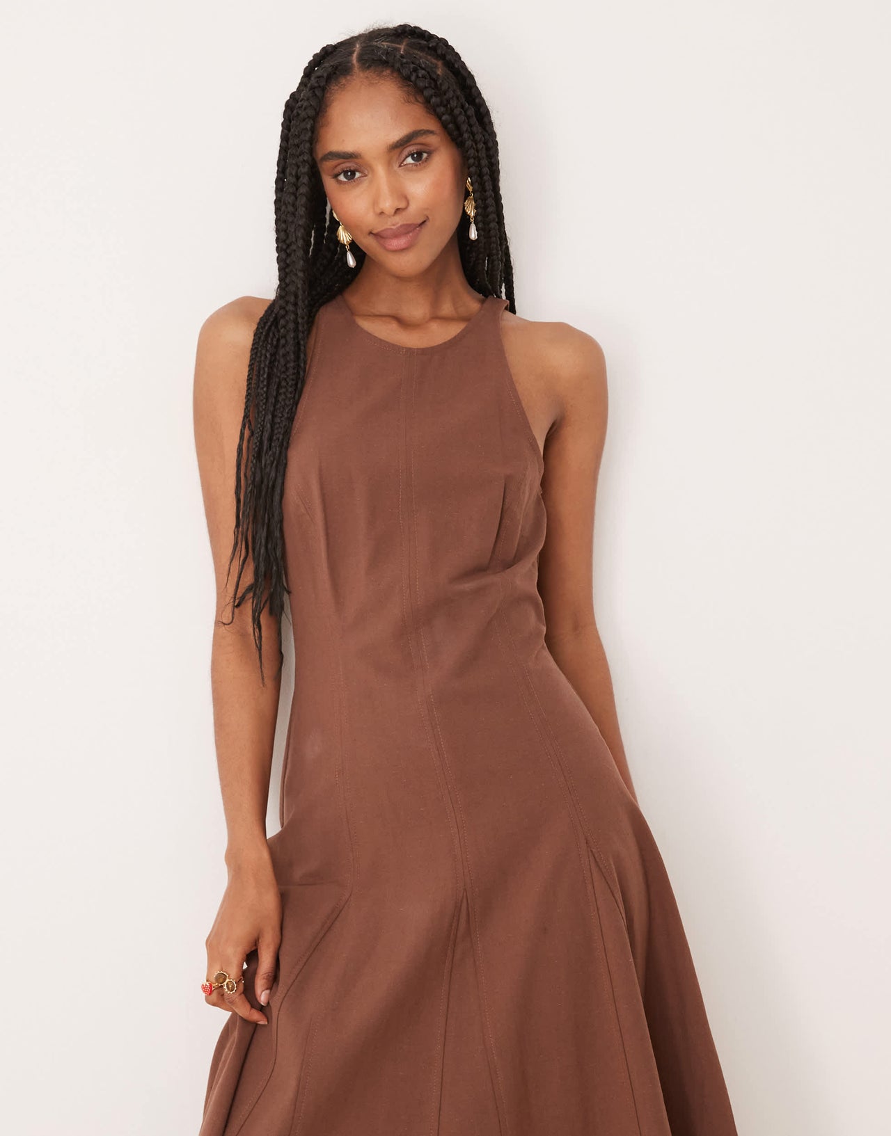 ASOS DESIGN slash neck seamed midi dress in chocolate