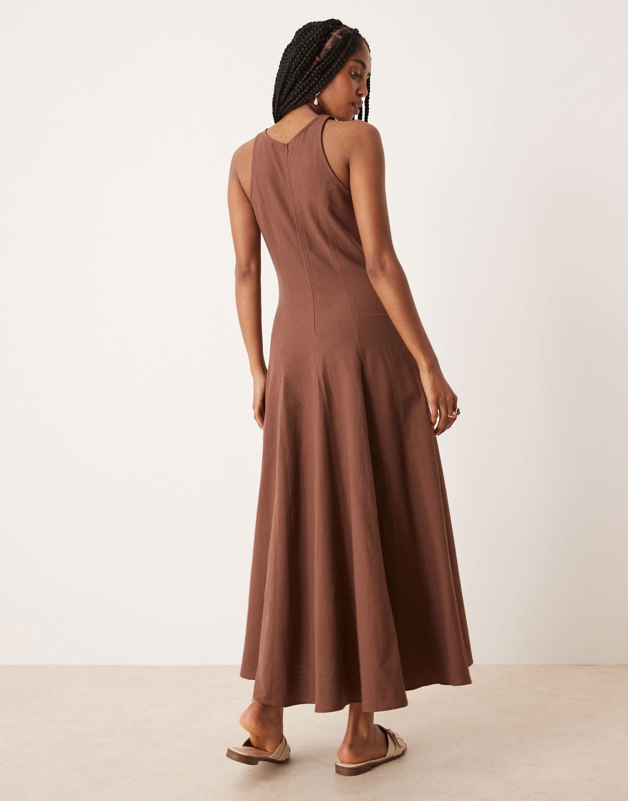 ASOS DESIGN slash neck seamed midi dress in chocolate
