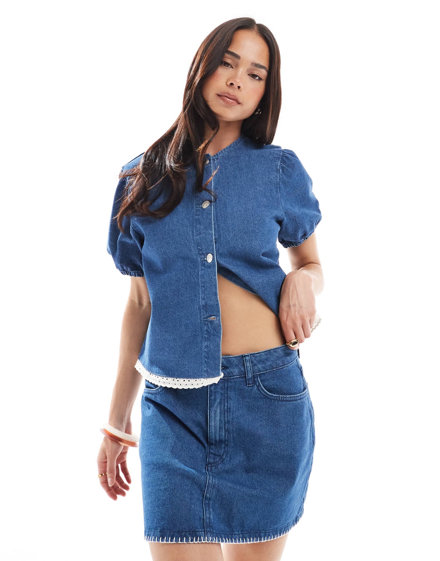 ASOS DESIGN denim pelmet skirt with blanket stitch hem in mid blue