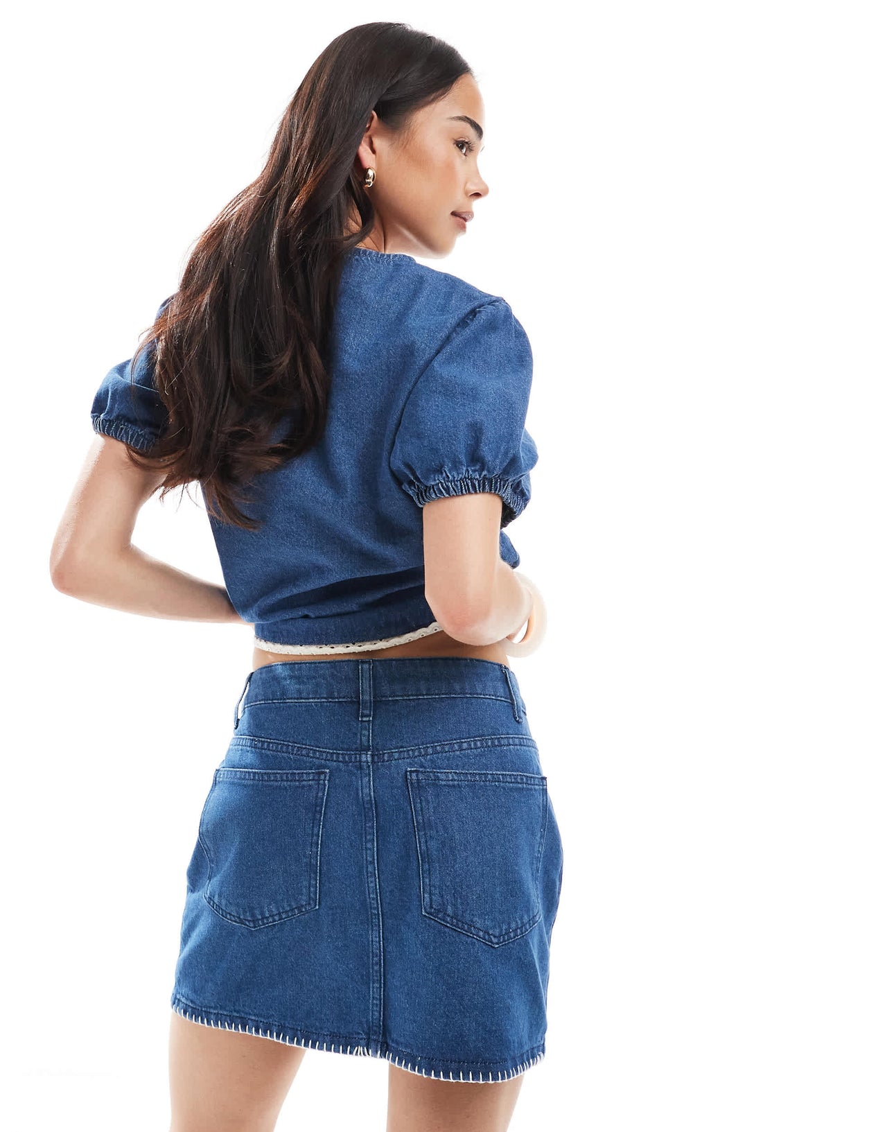 ASOS DESIGN denim pelmet skirt with blanket stitch hem in mid blue