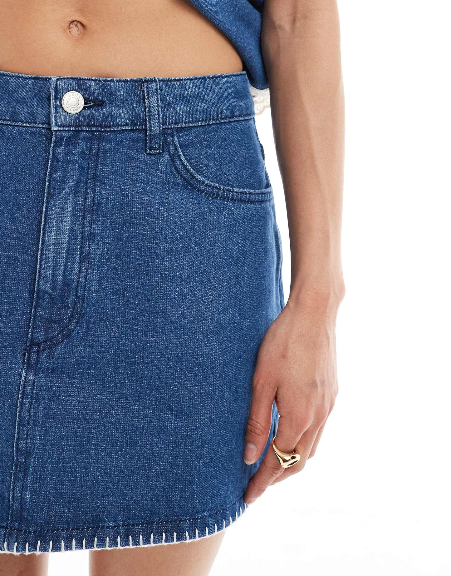 ASOS DESIGN denim pelmet skirt with blanket stitch hem in mid blue