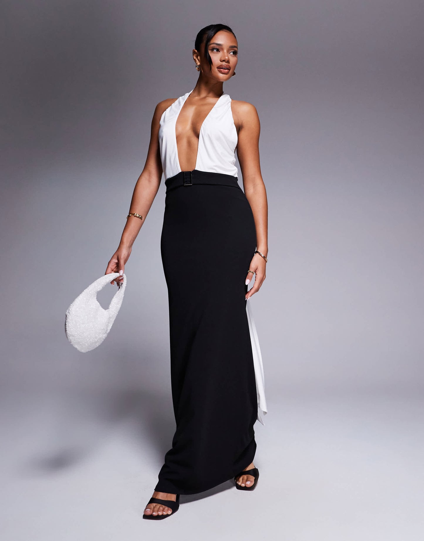 ASOS DESIGN cross over halter neck with drape detail maxi dress in black and white