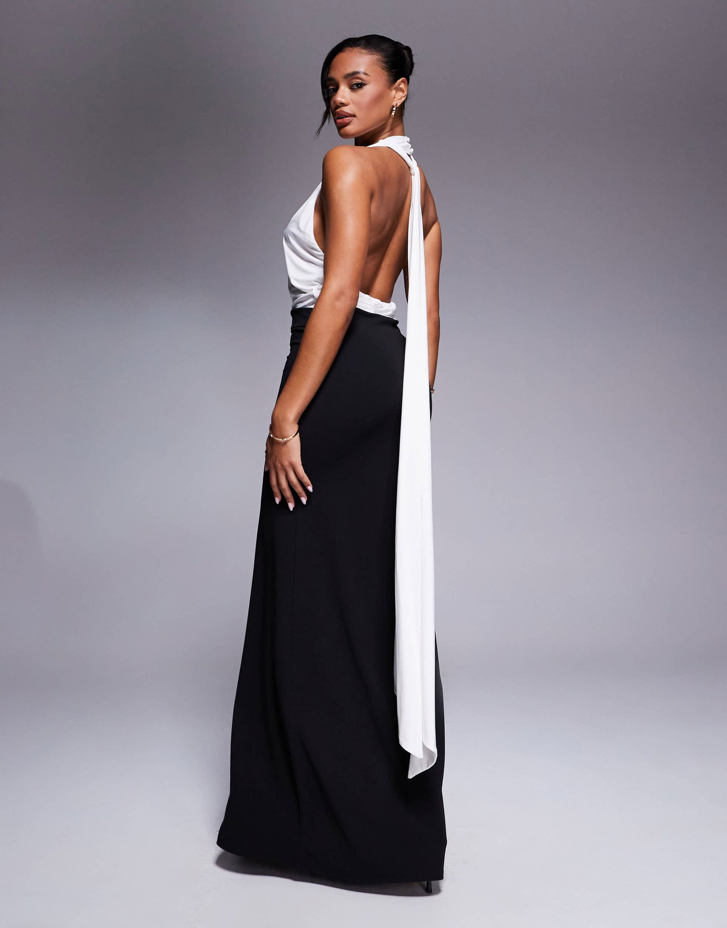 ASOS DESIGN cross over halter neck with drape detail maxi dress in black and white