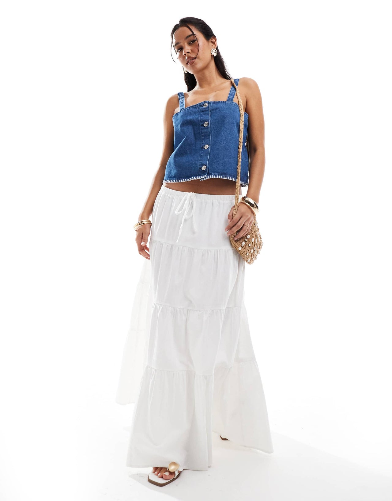 ASOS DESIGN denim cami top with blanket stitch hem in mid blue