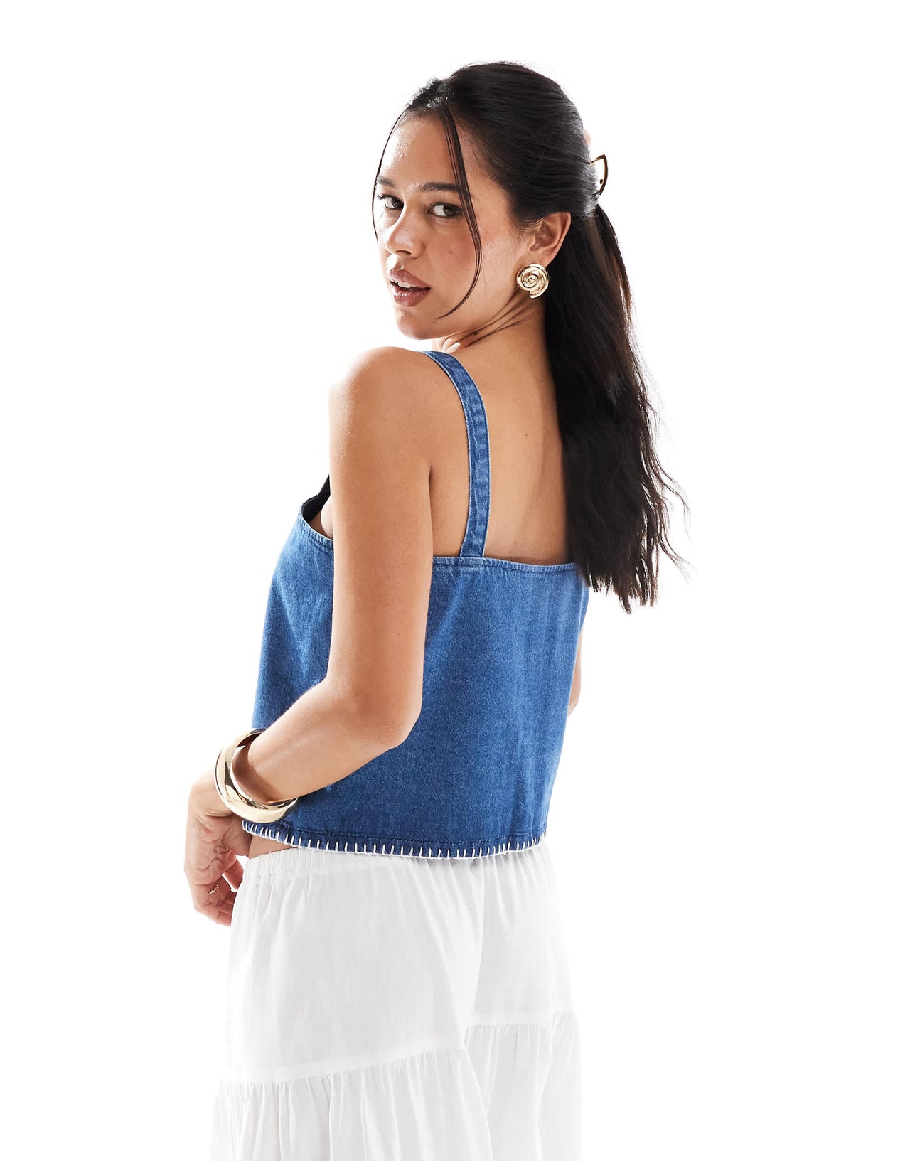 ASOS DESIGN denim cami top with blanket stitch hem in mid blue
