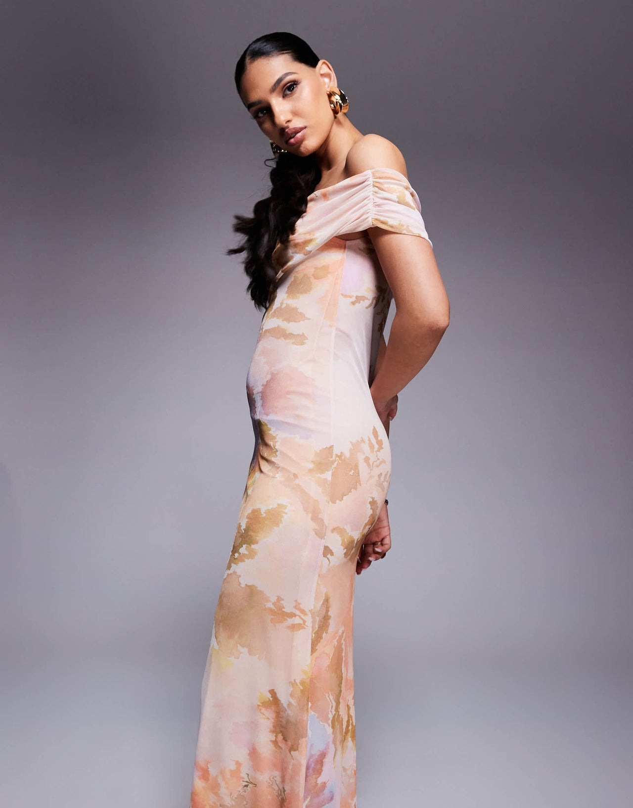 ASOS DESIGN one cami strap with asymmetric bardot mesh maxi dress in floral print