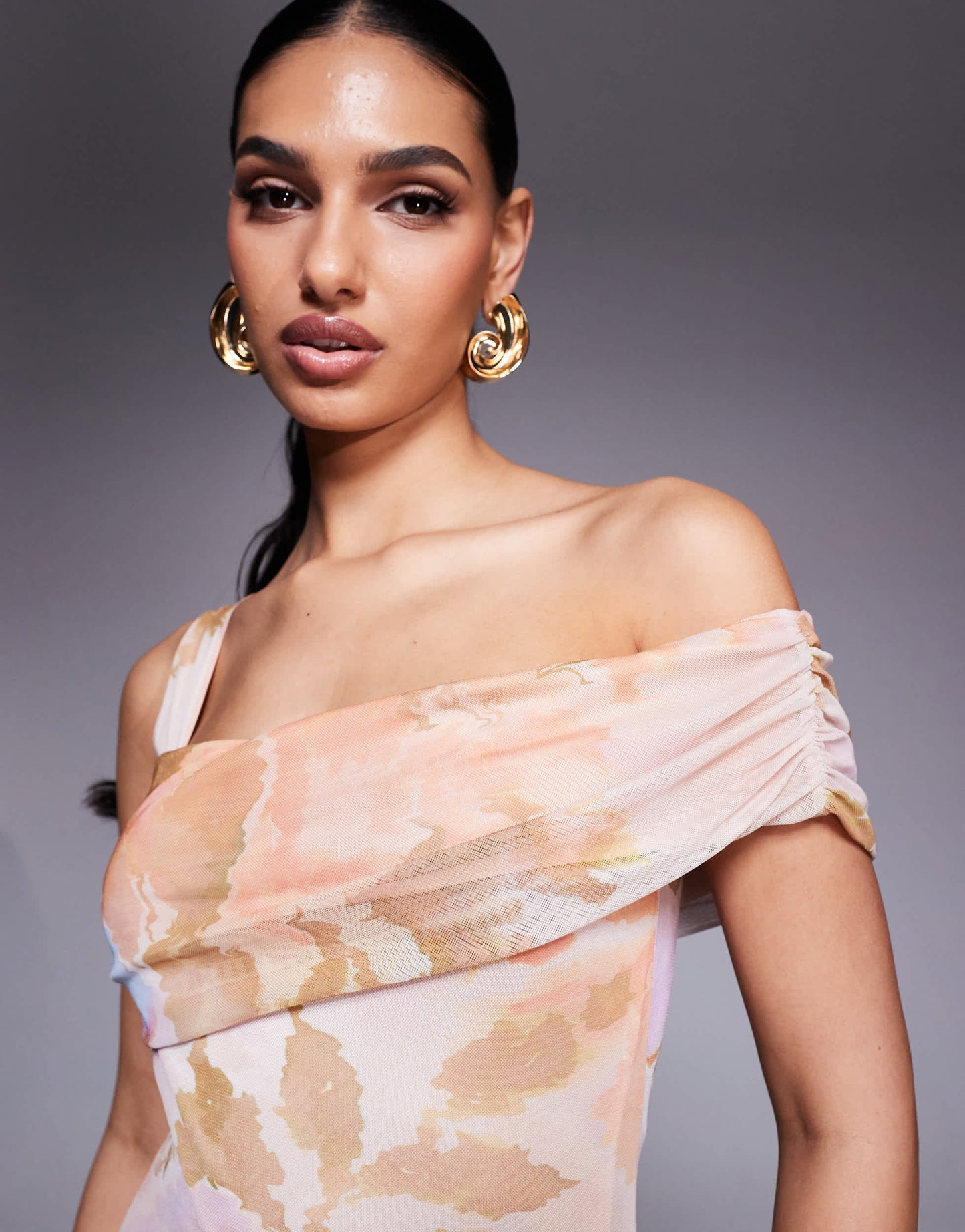 ASOS DESIGN one cami strap with asymmetric bardot mesh maxi dress in floral print