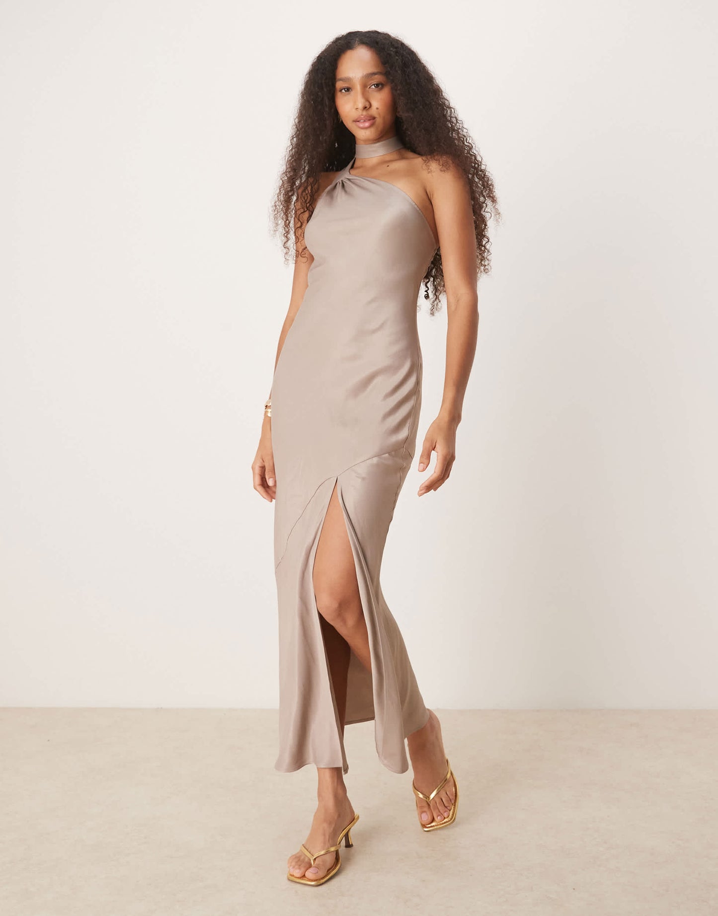 ASOS DESIGN satin tie neck detail maxi slip dress in mushroom