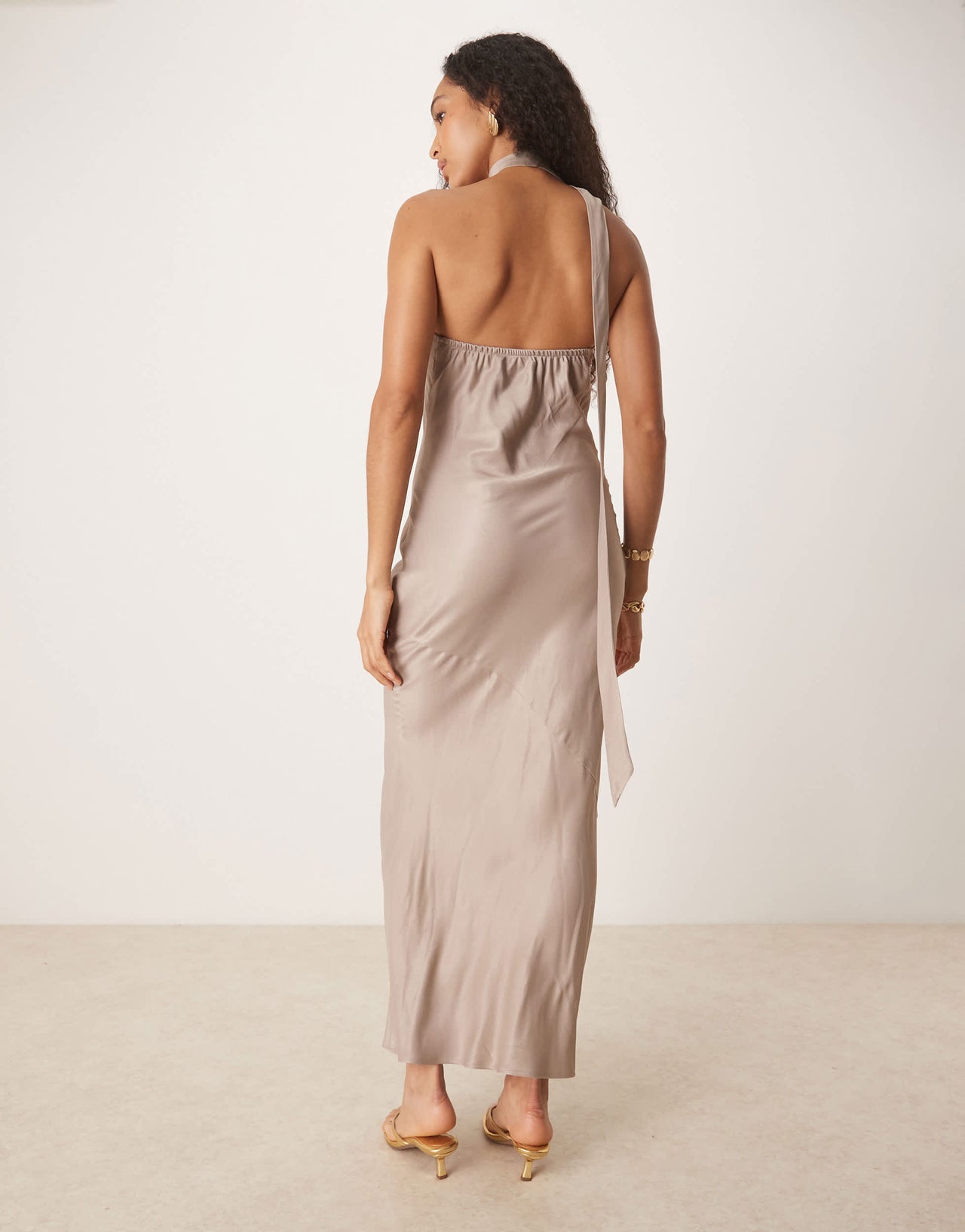 ASOS DESIGN satin tie neck detail maxi slip dress in mushroom