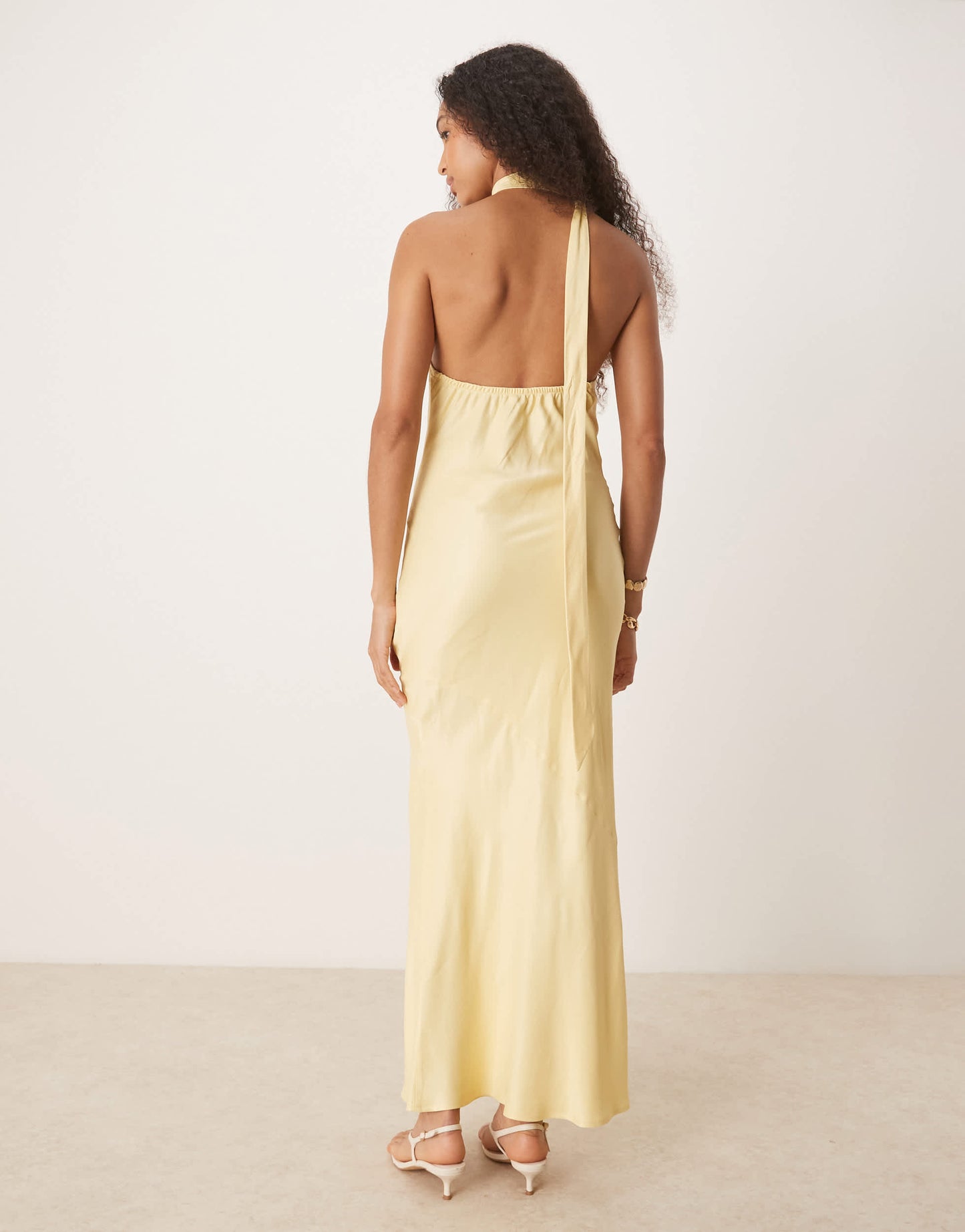ASOS DESIGN satin tie neck detail maxi slip dress in buttermilk