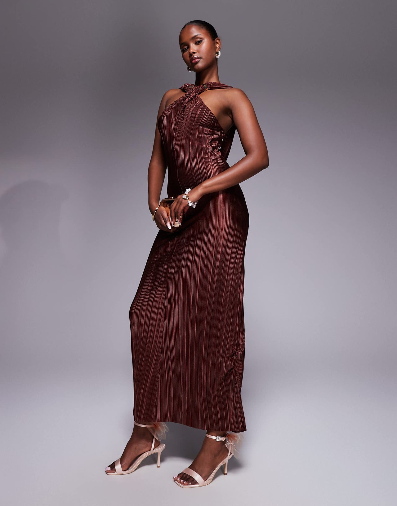 ASOS DESIGN plisse cross front maxi dress with draped back in chocolate